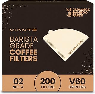 V60 Cone Coffee Paper Filters compatible with Hario & Chemex. 200 Ct Brown Unbleached. Size 02. Natural Bamboo Fibers. For Pour Over Drippers. 2-4 cups