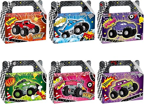 CHUNNIN 12Pcs Monster Truck Treat Boxes Racing Car Birthday Party Decorations Trucks Theme Paper Gift Box Supplies Goodie Bags for Kids Boys Girls Birthday Baby Shower Decor Race Cars Favors 6x3x3.6