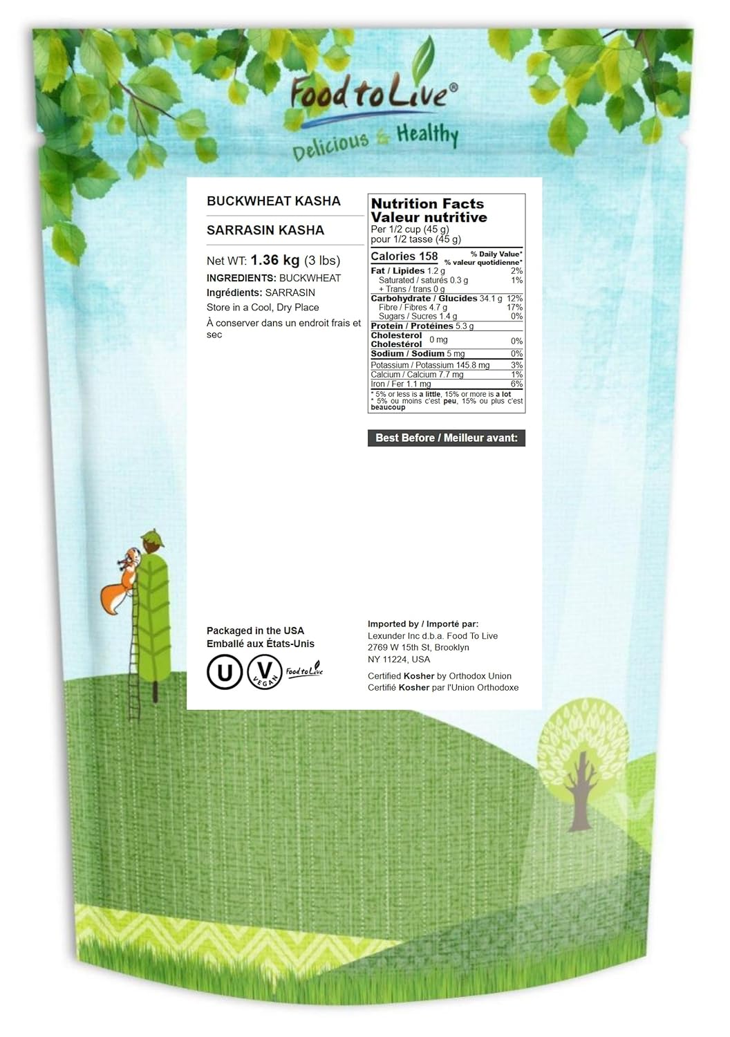 Food to Live Buckwheat Kasha, 3 Pounds – Grechka, Toasted Whole Groats, Made from Hulled Seeds, Kosher, Bulk. Rich in Dietary Fiber, Copper, Manganese, and Magnesium, Sirtfood