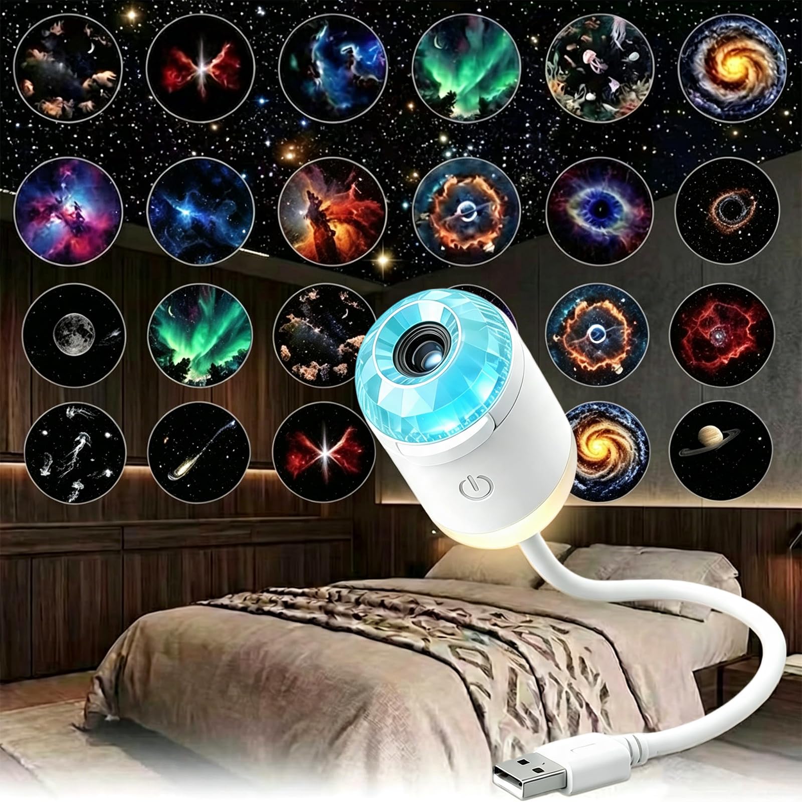 Proiettore di luce notturna 2 in 1 con 24 pellicole di proiezione, cistal blu luminosità regolabile 360° Plug and Play USB portatile Mini LED