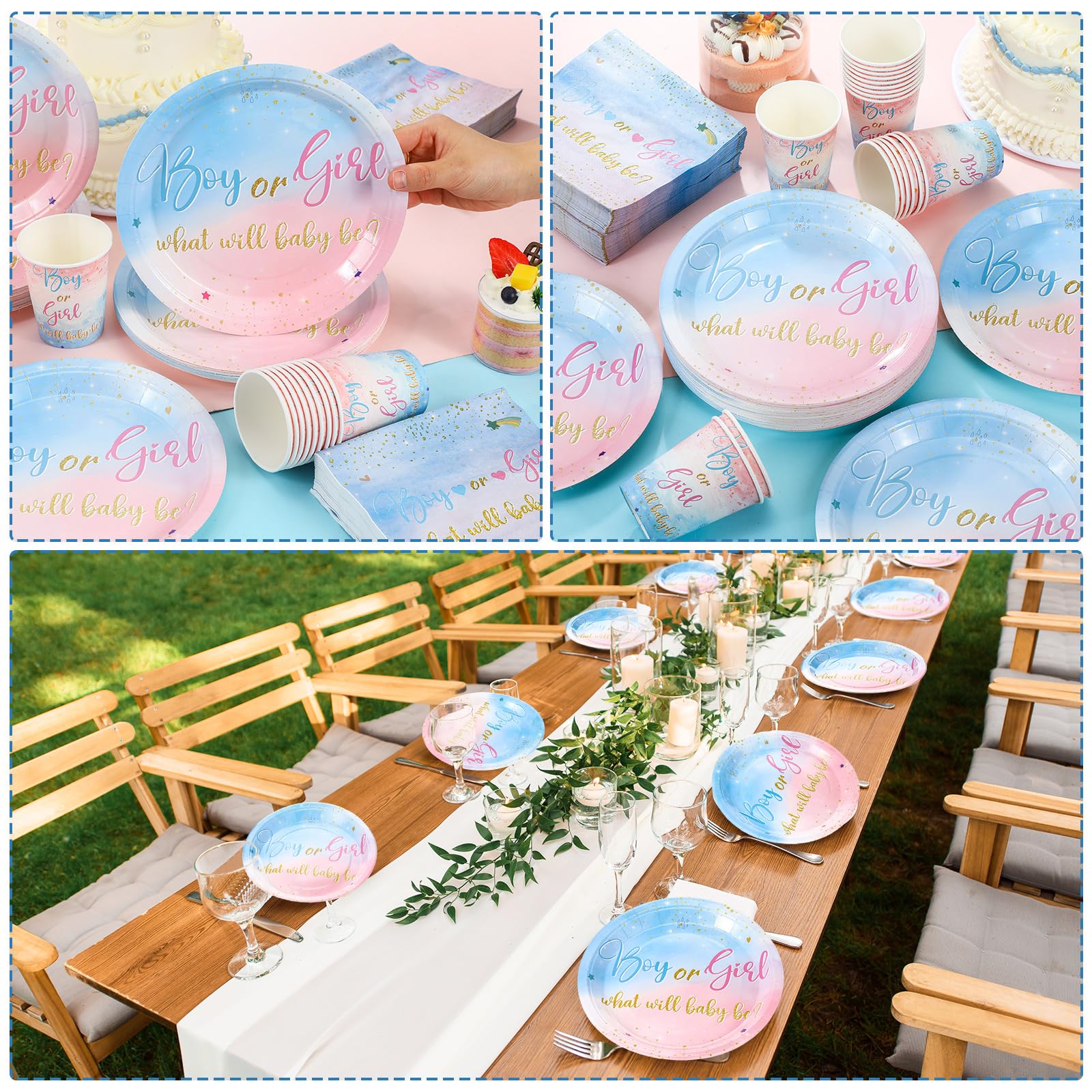 Hushee 200 Stück Geschlechtsoffenbarung Babyparty Pappteller Servietten Becher Babyparty Partyzubehör Geschirr-Set Einwegbecher Serviette für 50 Gäste Party Dekoration