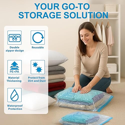 Miniatura 5 de Bolsas de sellado al vacío para ropa de viaje, paquete de 12 bolsas de almacenamiento al vacío para ropa con bomba eléctrica portátil, bolsas