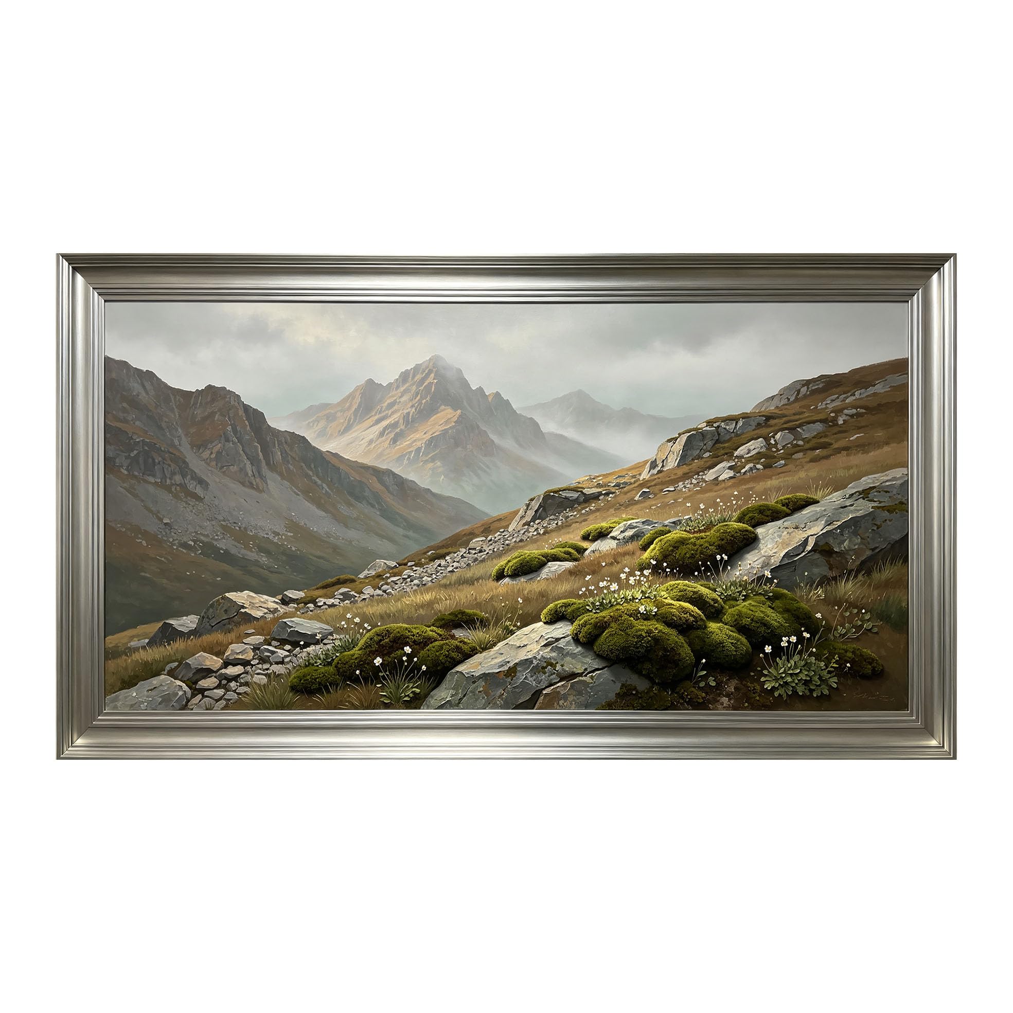 Yzpallescene 3D Framed Wall Art 50cm×100cm Majestic Mountain Peak Alpine Meadow Realistic Oil Painting Large Size SelfAdhesive Removable Wall Decor Prints Artwork for Living Room Bedroom Office