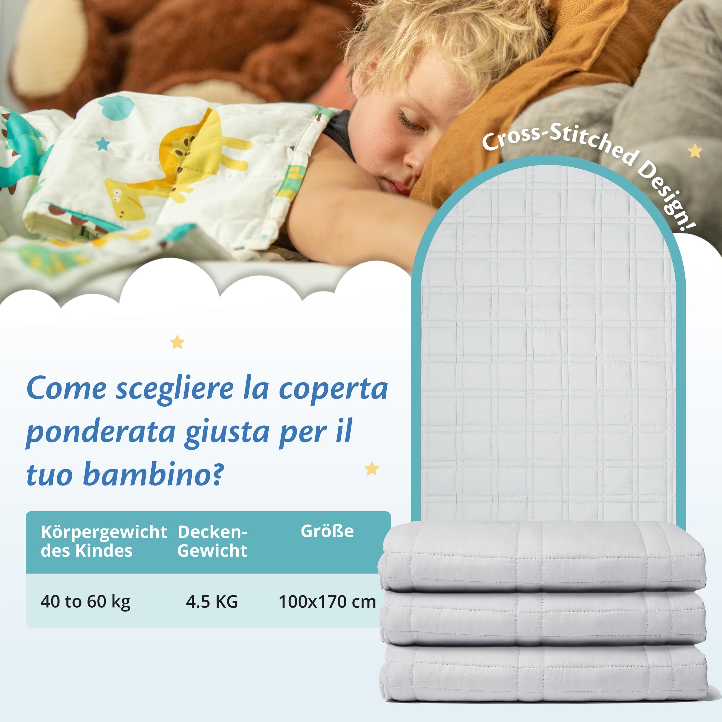 Ella Gewichtsdeken voor kinderen, 4,5 kg, 100 x 170 cm, therapiedeken, voor stressvermindering en angst, hypoallergene glazen kralen, zachte en verkoelende katoenen buitenlaag, voor kinderen van 40-60