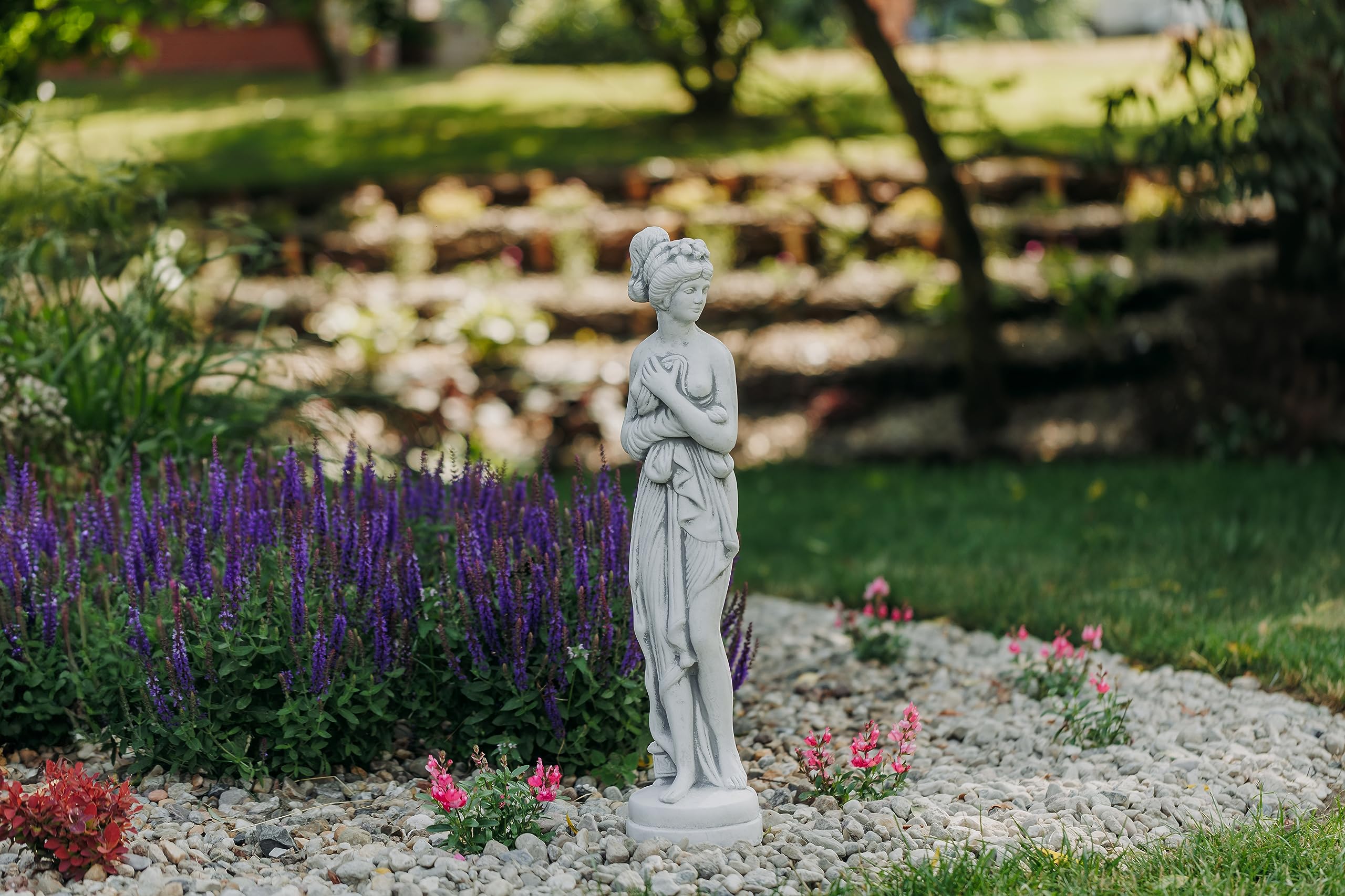 gartendekoparadies.de Statue der Pandora auf Rundem Sockel, Steinfigur, Grau, Frostsicher aus Steinguss, H. 73 cm, 12 kg für Außenbereich