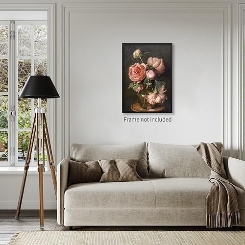 Miniatura 6 de Heltrappe Arte de pared con peonía rosa Moody Spring Dark Academia floral antiguo, impresión en lienzo vintage de campo francés para sala de estar,