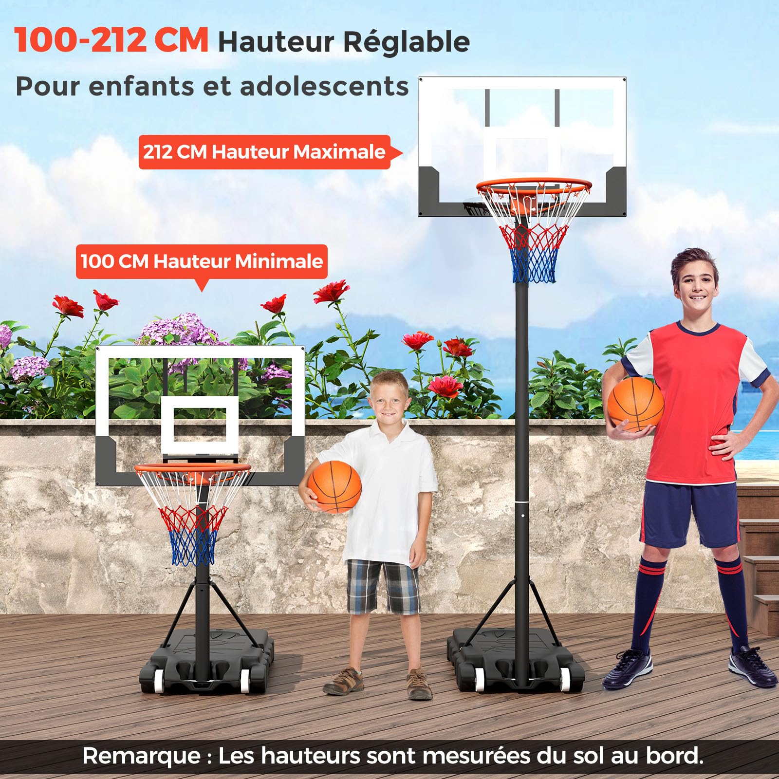 COSTWAY Panier de Basket-Ball Hauteur Réglable, Support de Basketball Mobile Extérieur avec Panneau Arrière Incassable Base Remplissable et Roues, pour Enfants