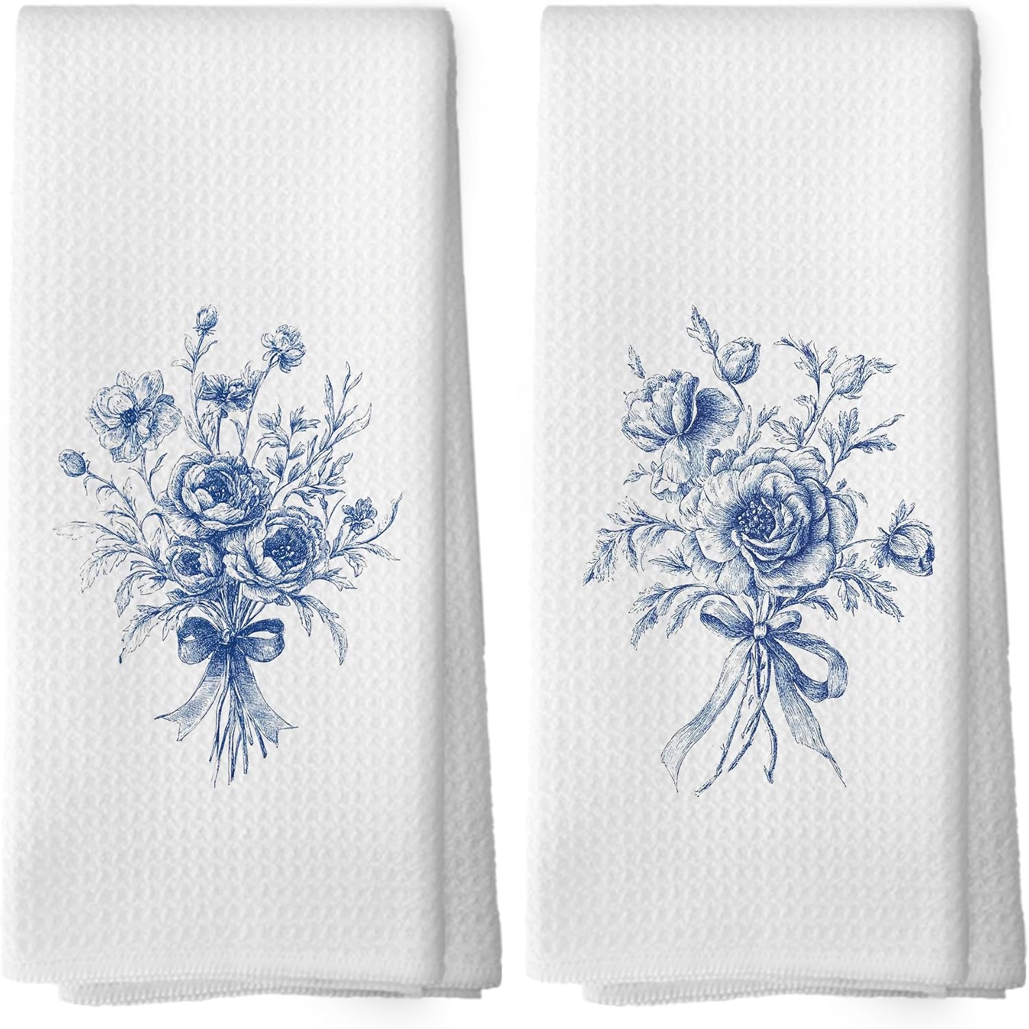 Vintage Blue and White Flower Botanical Kitchen Towels Set of 2, Modern Line Rose Drawing Floral Bouquet Hand Towel for Kitchen Bathroom, Spring Decorative Tea Dish Towels 16x24 Inch
