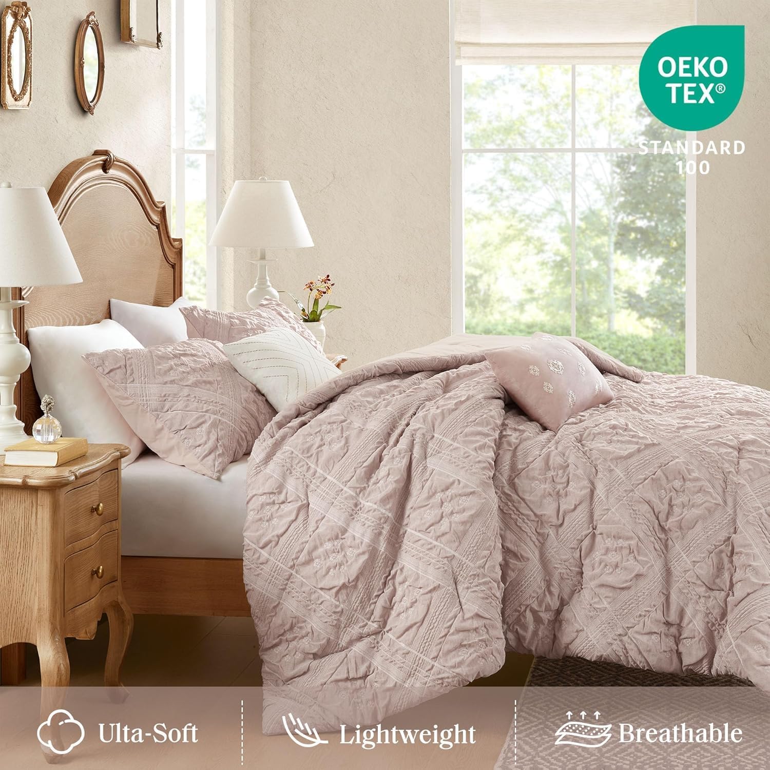 Madison Park Shabby Chic Comforter Set 5-Piece Queen Size, Puffy Seersucker Textured Grid Pattern Boho Bedding, Dusty Pink Plaid Comforter with 2 Shams & 2 Decorative Pillows