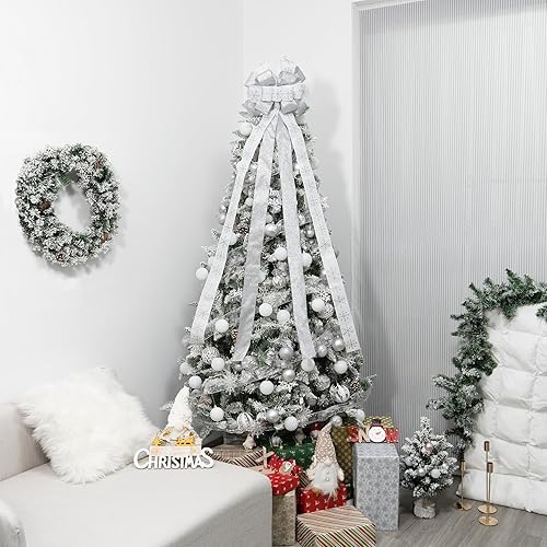 Miniatura 5 de Lazo para decoración del árbol de Navidad, lazo grande de Navidad de 53 x 13 pulgadas con serpentina de purpurina y cinta estampada, lazos