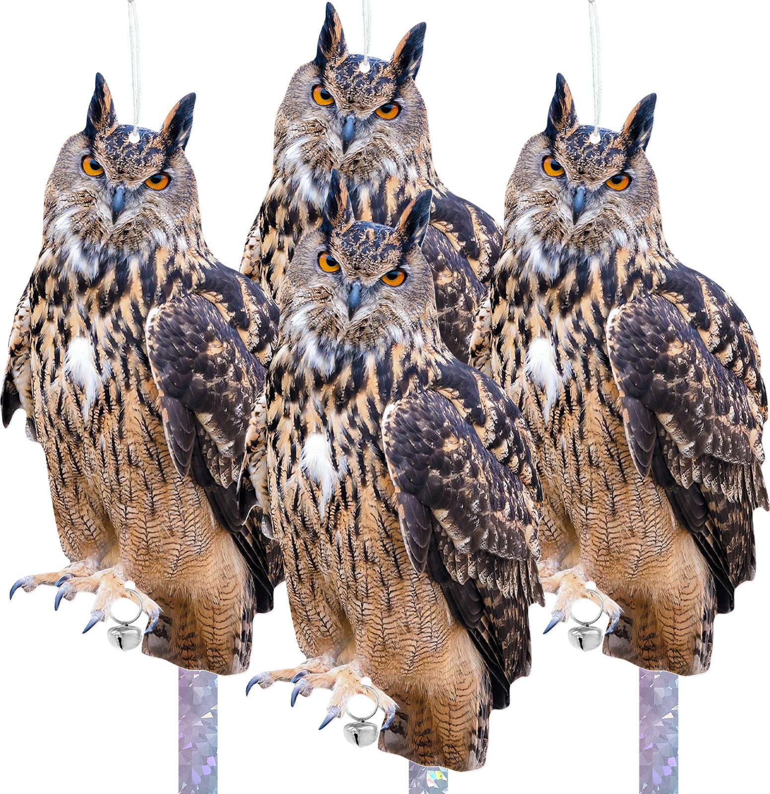 Vicsiyi Owls to Keep Birds Away, 4Pcs Fake Owls with Reflective Tape for Garden Patio, Bird Scare Reflective Hanging Decoration to Keep Pigeon from