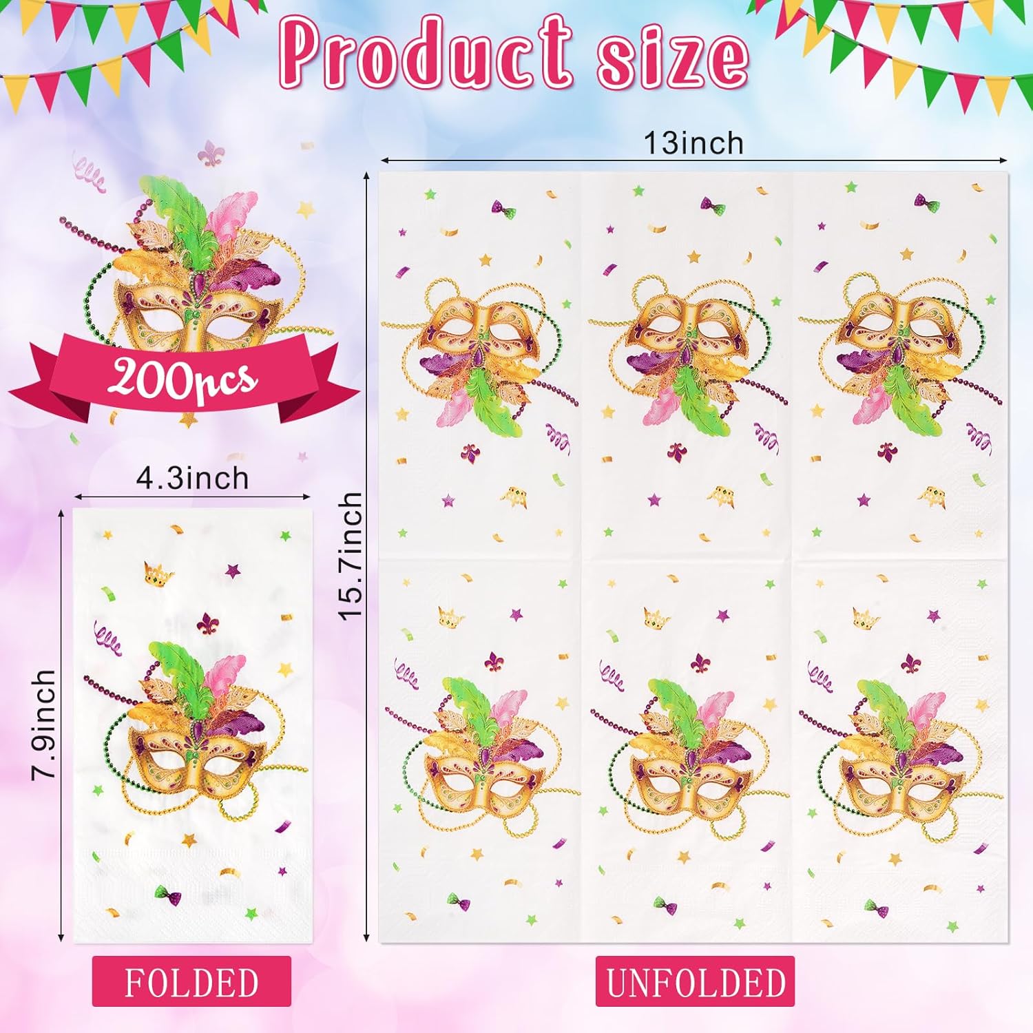 Ragnhild 200 Pcs Mardi Gras Mask Paper Napkins Party Decorations, Masquerade Guest Bathroom Napkins Disposable, Mardi Gras Rectangle Cocktail Napkin for Carnival Party Supplies, 4.3"x7.9"