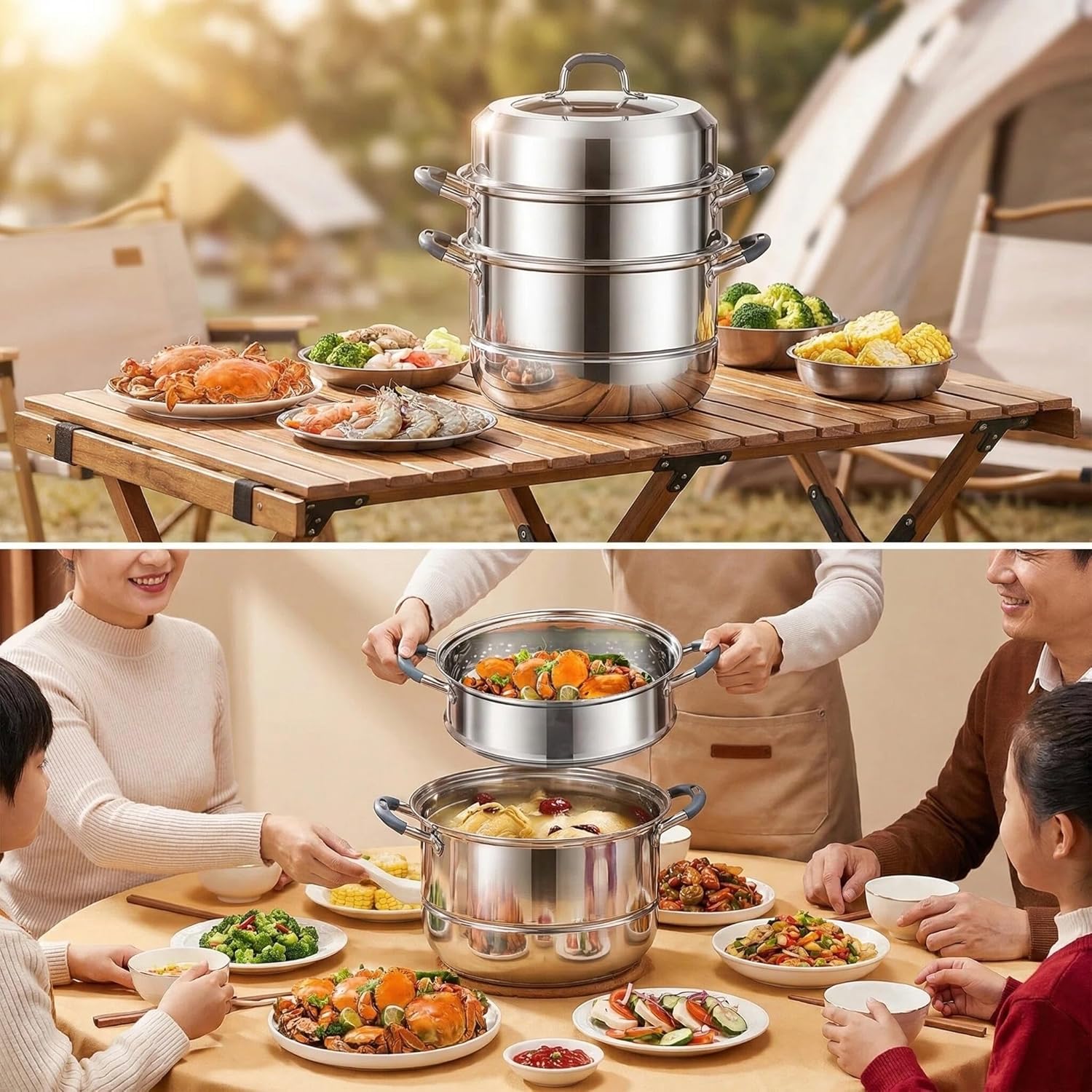 3-Tier Stainless Steel Steamer – 304 Stainless Steel with Triple Layer Bottom, Multi-Function Steaming for Healthy Cooking, Ideal for Family Meals & Professional Kitchens