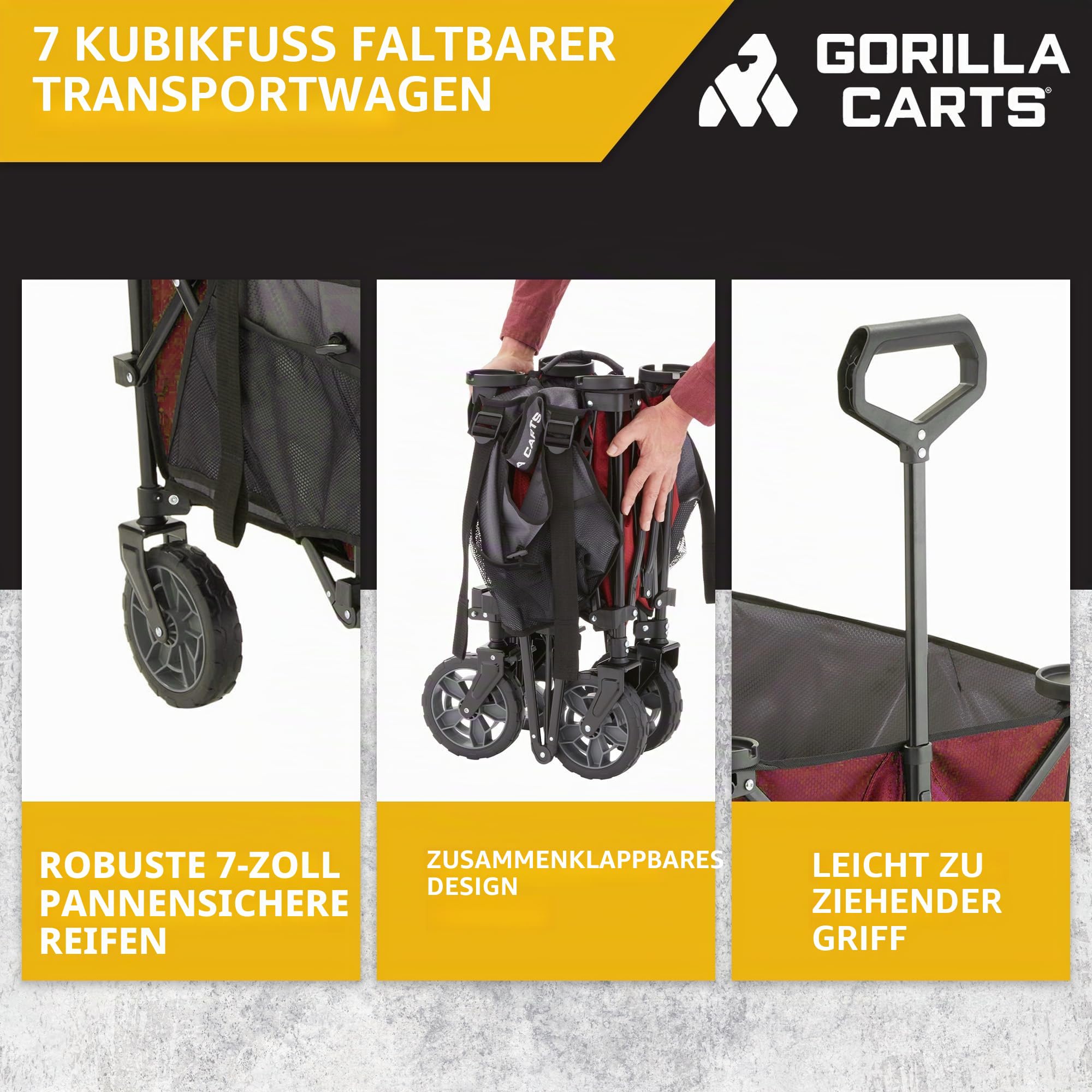 Gorilla Carts 7 Kubikfuß Faltbarer Festivalwagen, XXL All-Terrain-Utility-Pull-Campingwagen mit übergroßem Bett und integrierten Getränkehaltern, Gartenwagen 185L Fassungsvermögen, Rot
