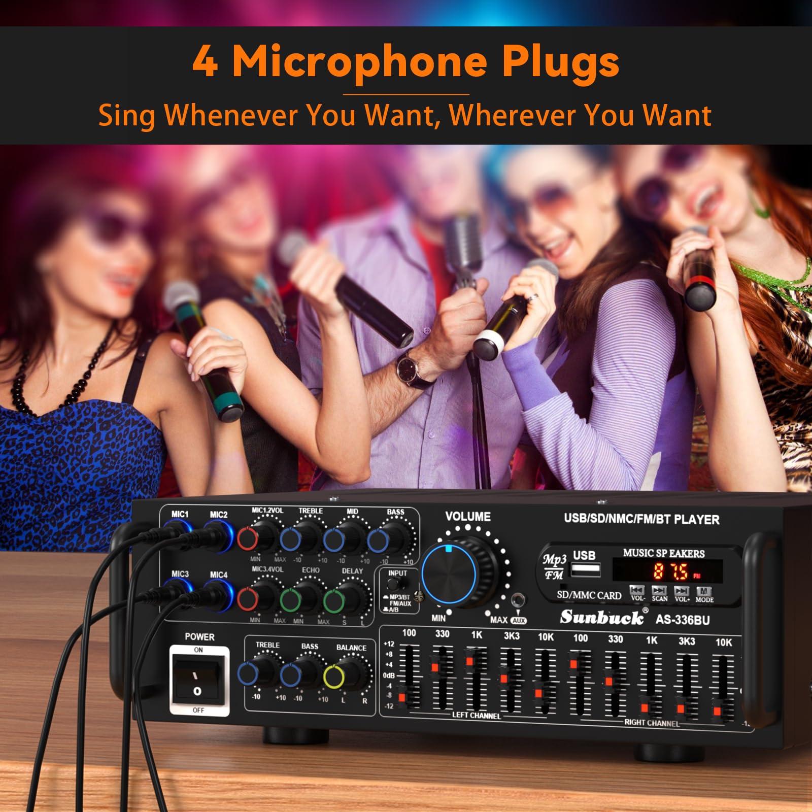 400 W Nennleistung Bluetooth 5.0 Audio-Verstärker USB SD AUX FM Mixer EQ Unterstützung Mikrofon für Home Karaoke Party