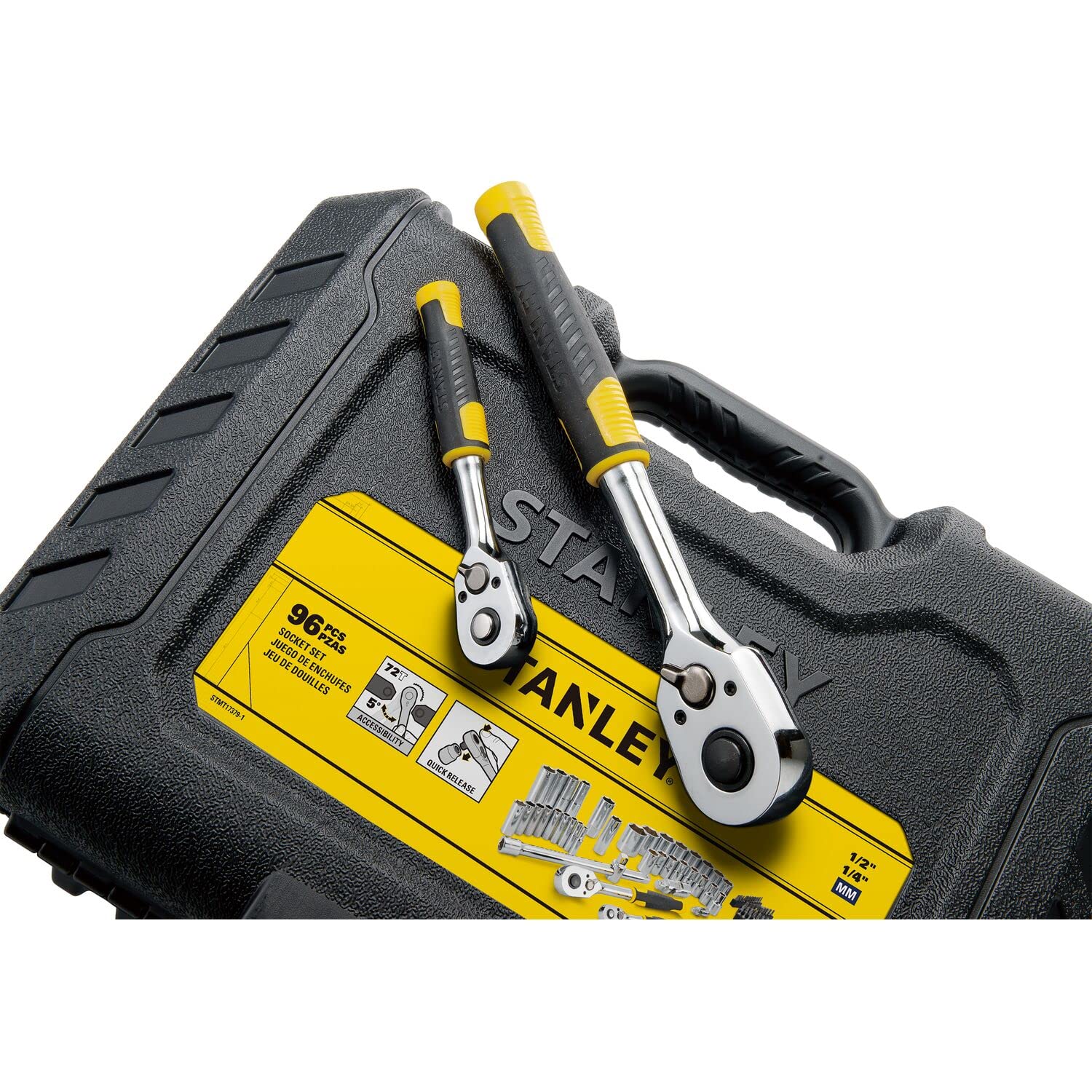 Stanley - Confezione di bussole - 1 Cricchetto 72 denti ¼" - 1 Cricchetto 72 denti ½" - 41 punte di avvitamento - SET DI 96 PZ - STMT17379-1