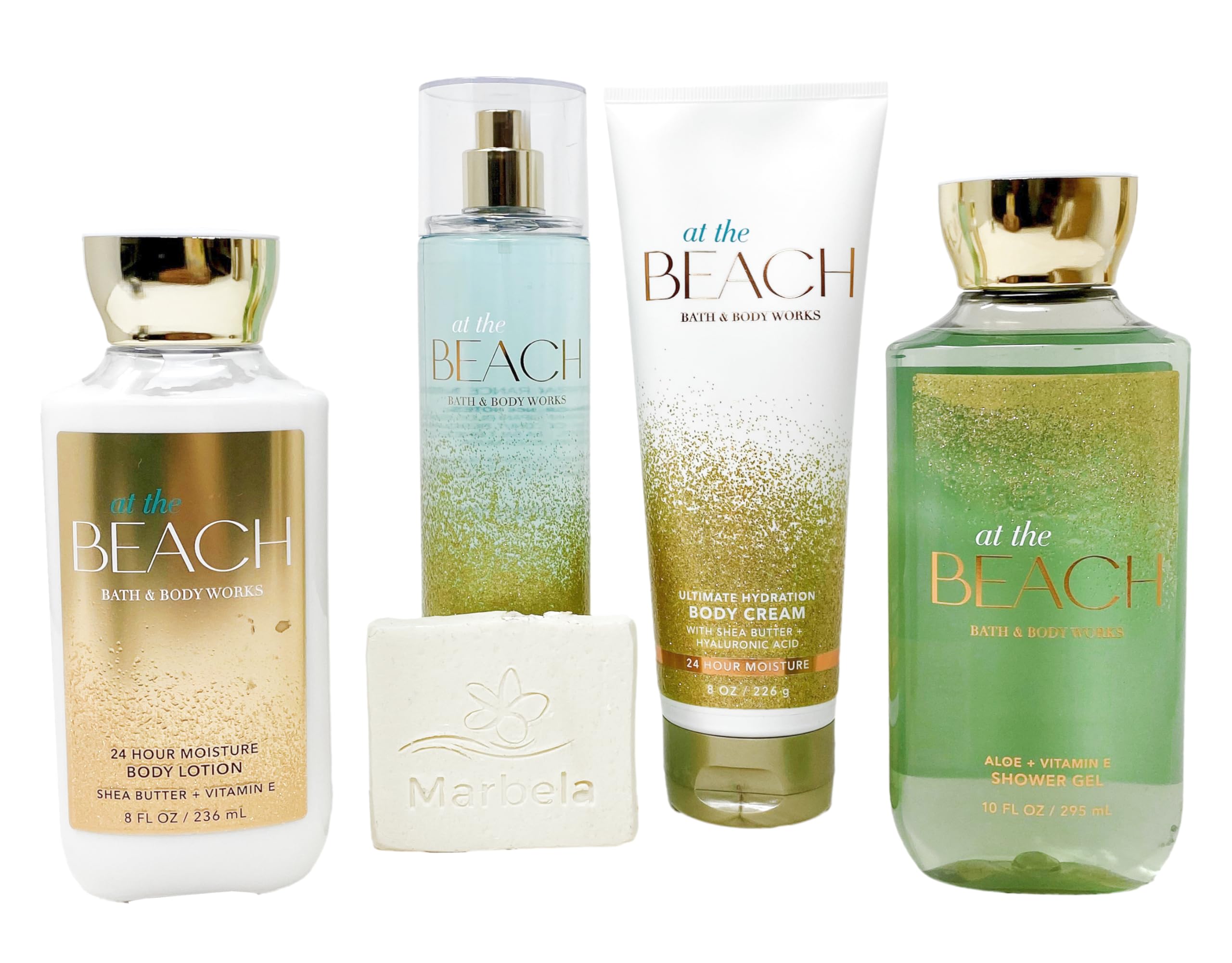 Bath & Body Works At the Beach - Deluxe Gift Set - Fine Fragrance Mist, Body Cream, Shower Gel and Body Lotion with a Natural Oats Sample Soap.