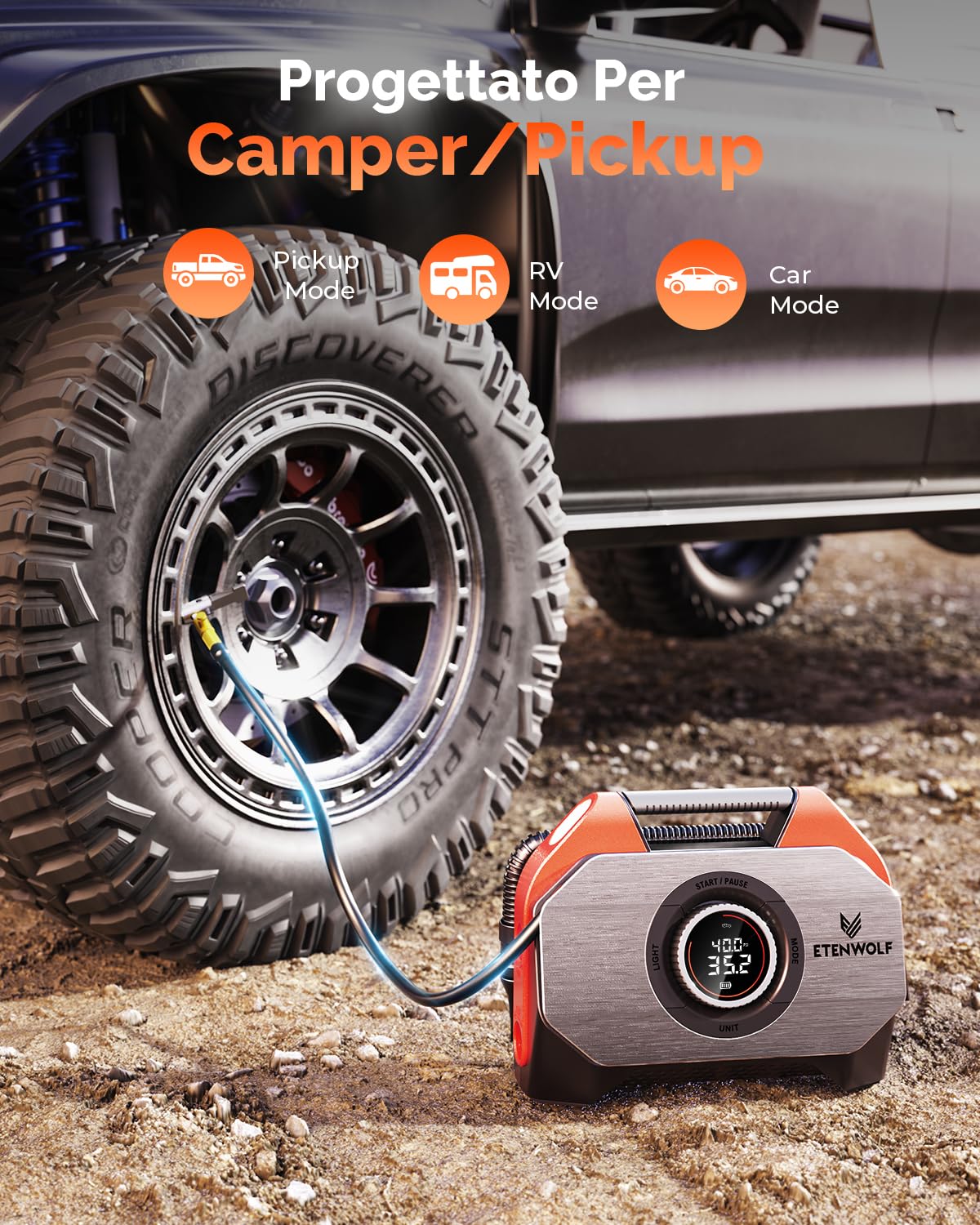 ETENWOLF Vortex S6-19200 mAh Compressore Aria Portatile, 11,03 Bar/160 PSI Pompa Gonfiabile con Pompa ad Aria Elettrica, 7 Modalità di Gonfiaggio per Auto Biciclette Elettriche, Moto