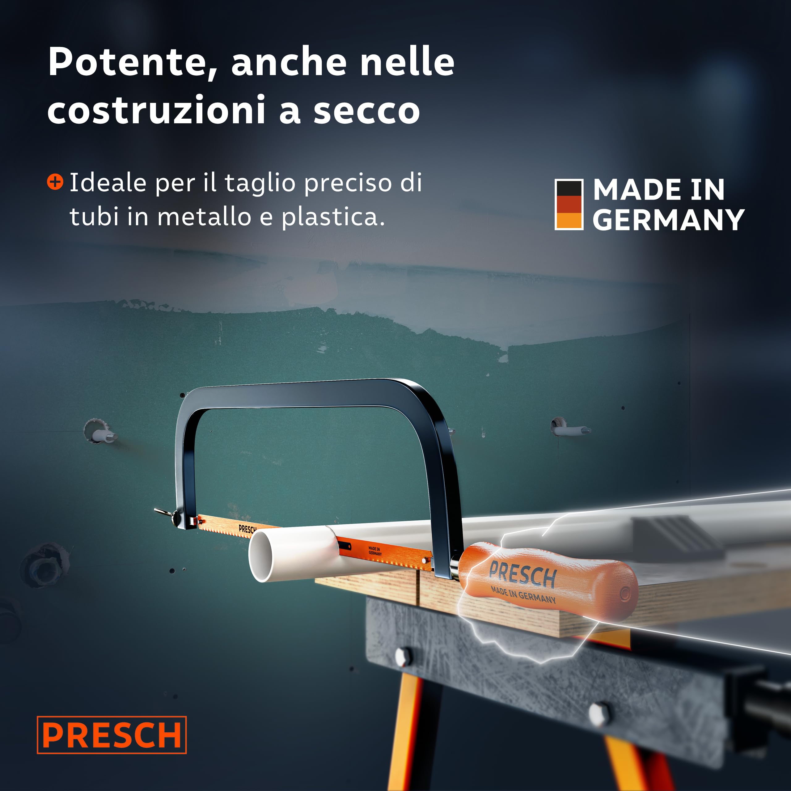 Presch Seghetto per metallo 300mm - Con lama in BI-metal per tagli precisi - Rotazione di 90° della lama per tagli orizzontali e verticali - Sostituzione rapida delle lame - Seghetto per ferro ecc.
