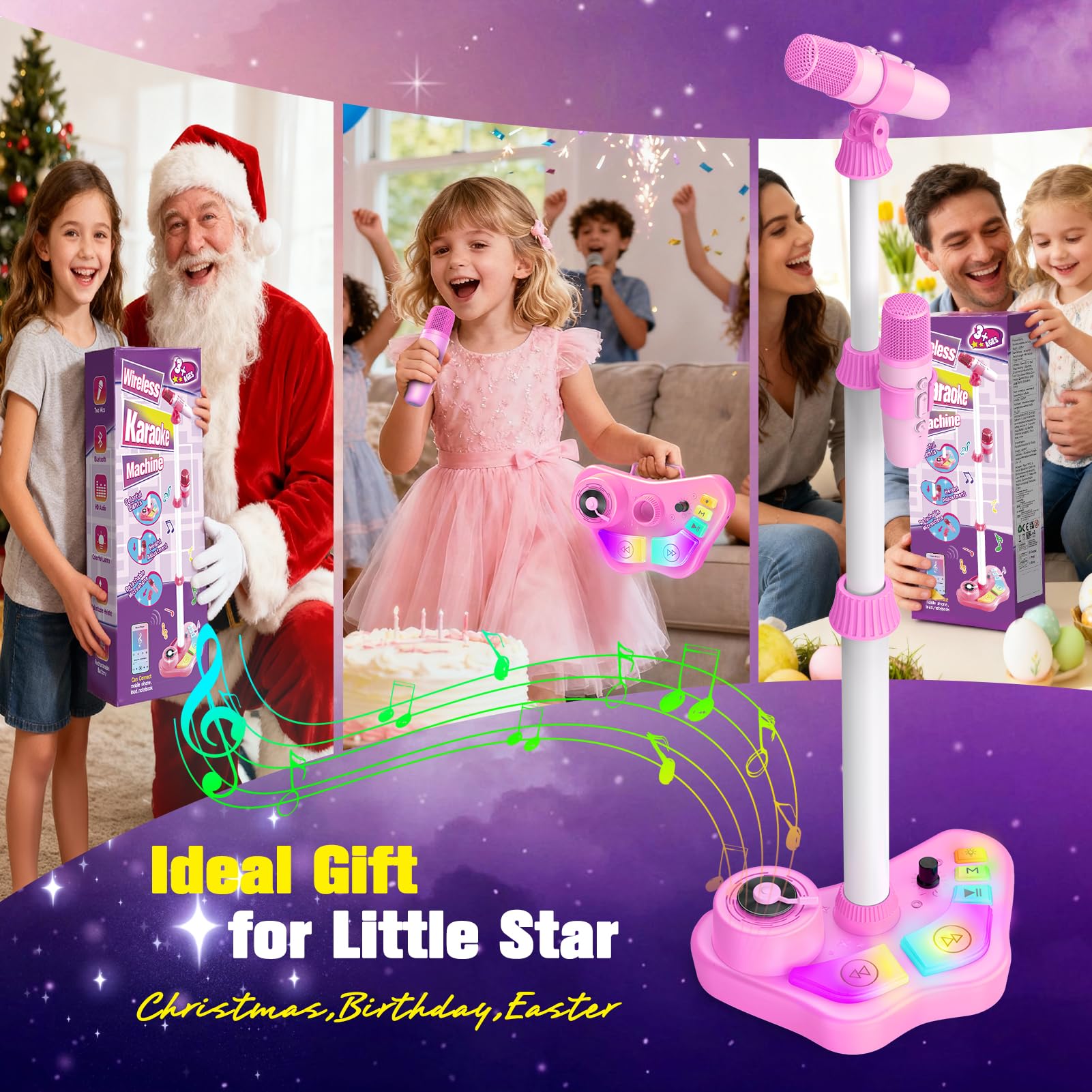 Dislocati Micrófono Karaoke para Niños con Soporte, 2 Micrófonos Inalámbricos, Altura Ajustable 47-108 cm, Luz LED, Bluetooth, Regalo Juguete Musical Seguro para Niñas 3+ Años