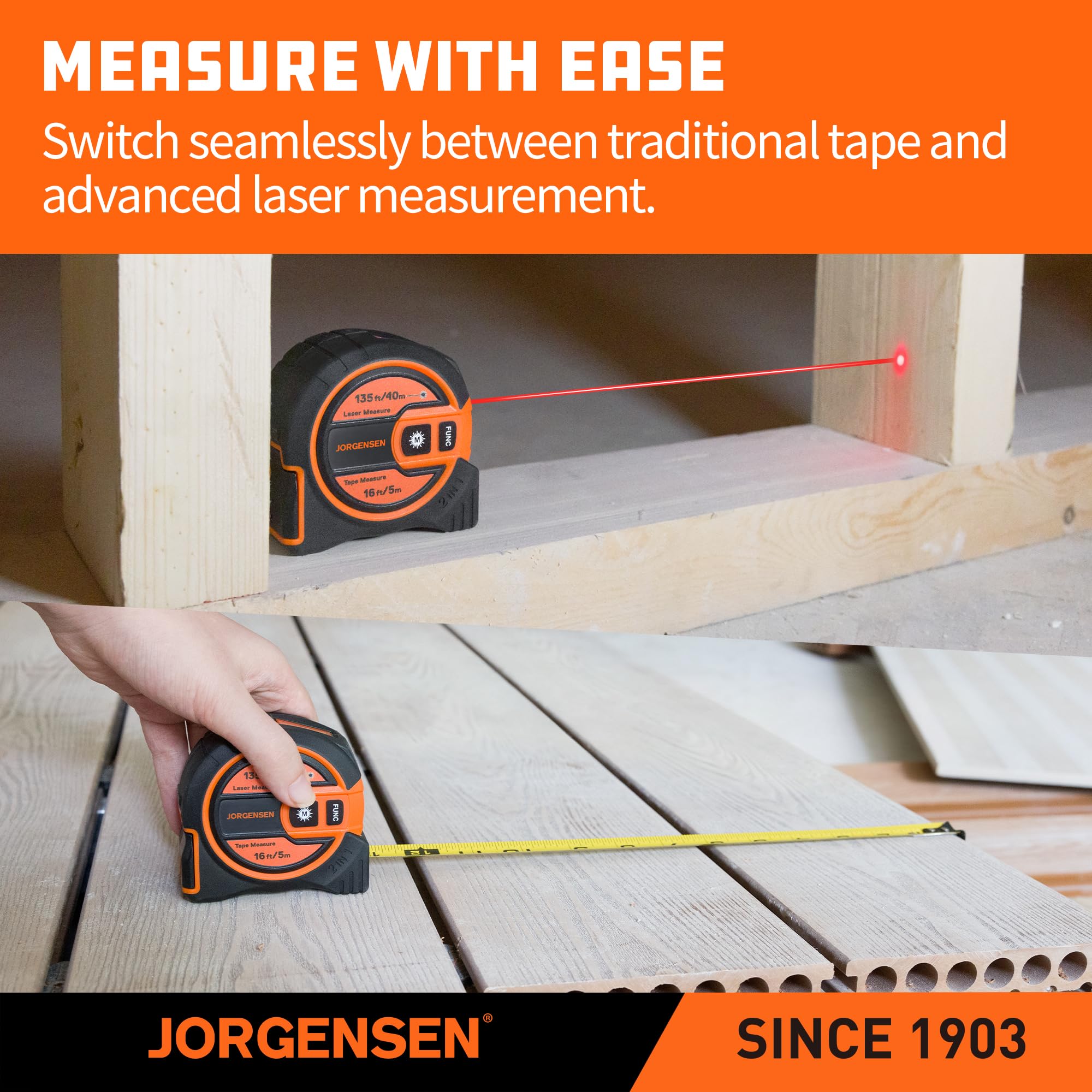 JORGENSEN 2-in-1 Laser Tape Measure, 135Ft Measuring Laser &16Ft Tape — Amazon image 3