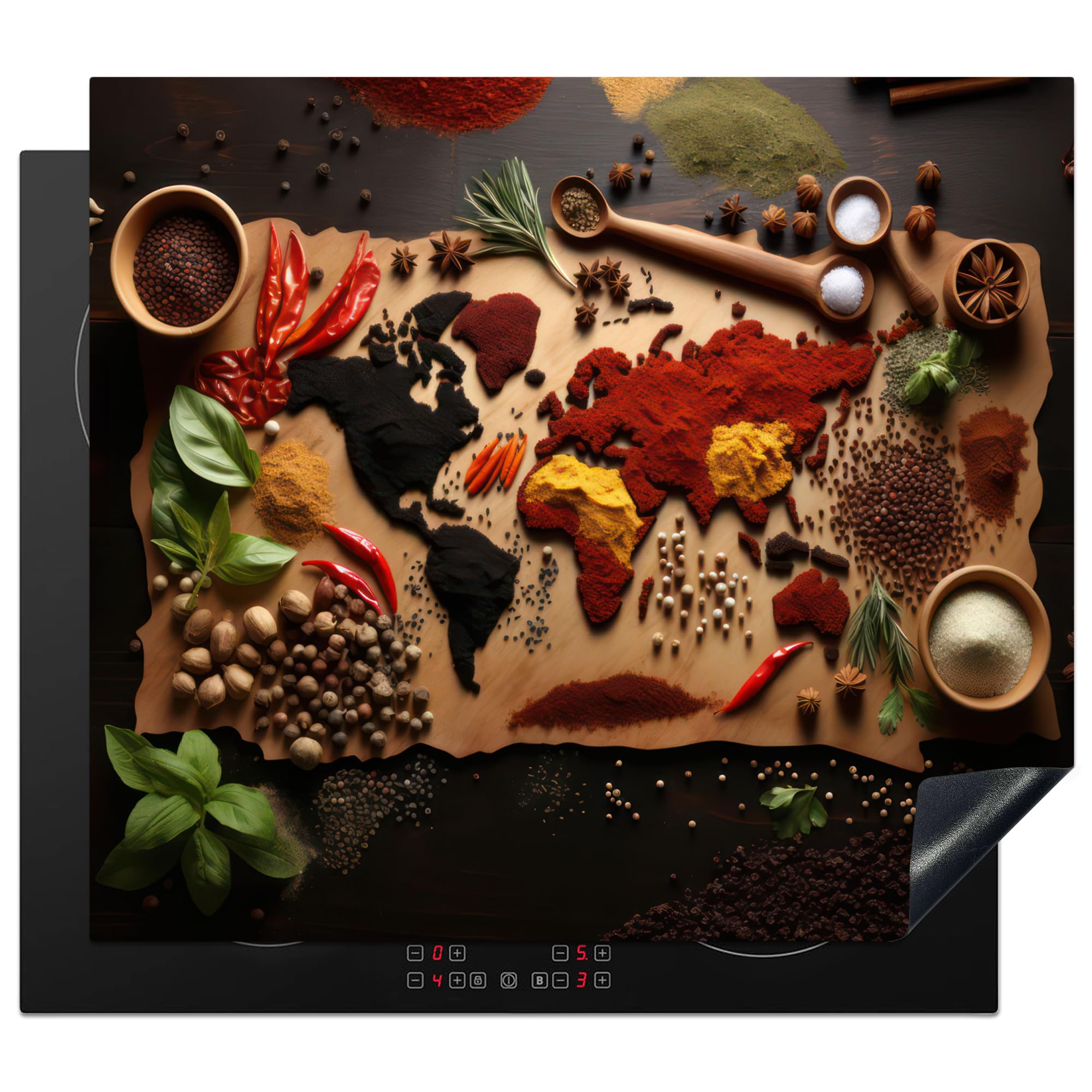 KitchenYeah© Induction Hob Protector Mat 20.5"x23.2" / 59x52 cm Stove Cap Top Cover Kitchen Cooker Covers for Electric Hobs Vinyl Herbs - Spices - World Map - Brown - Spoon - Colourful