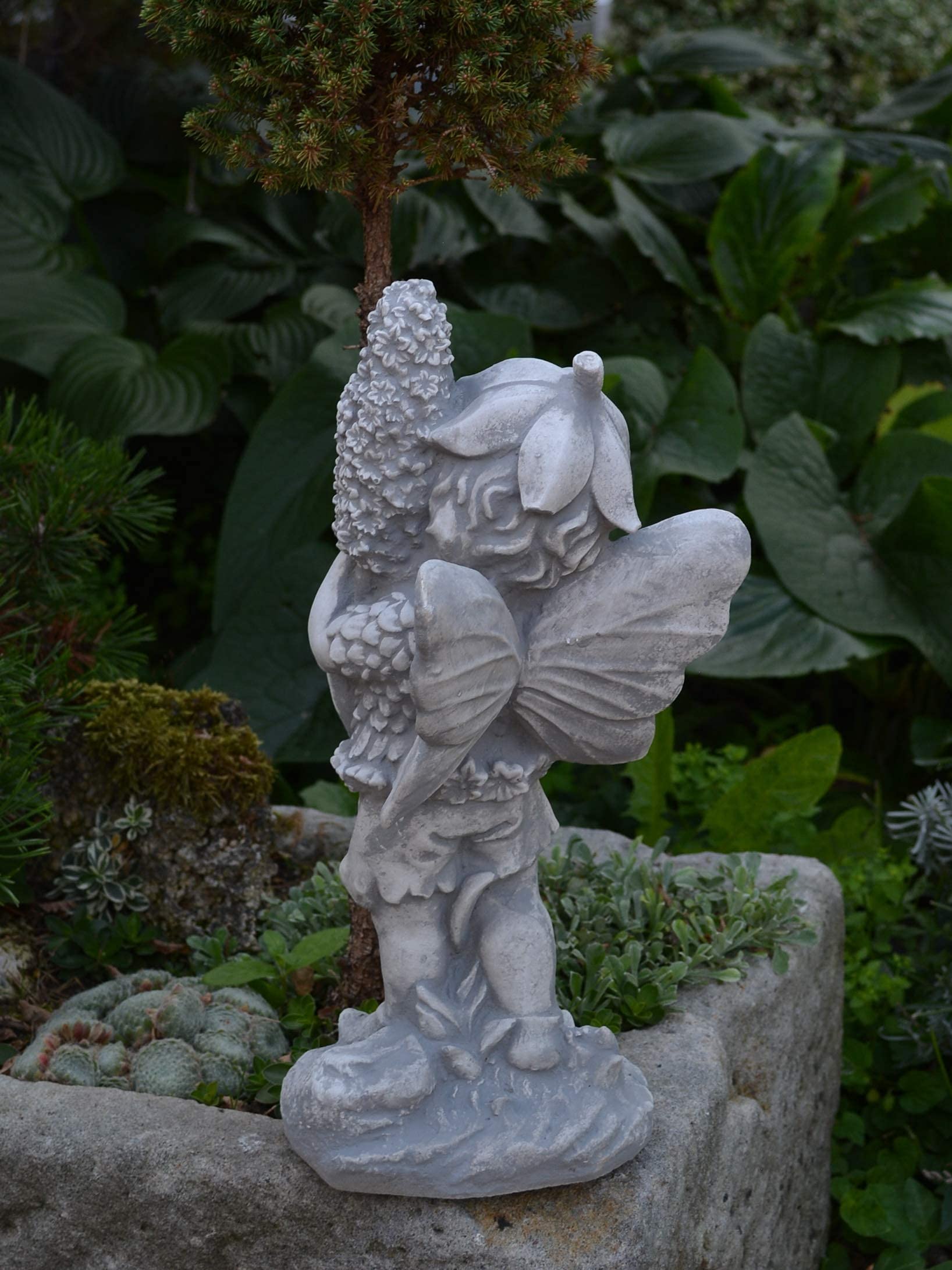 gartendekoparadies.de Elfe mit Hyazinthe, Steinfigur, Grau, Frostsicher aus Steinguss für Außenbereich, H. 32 cm, 3 kg