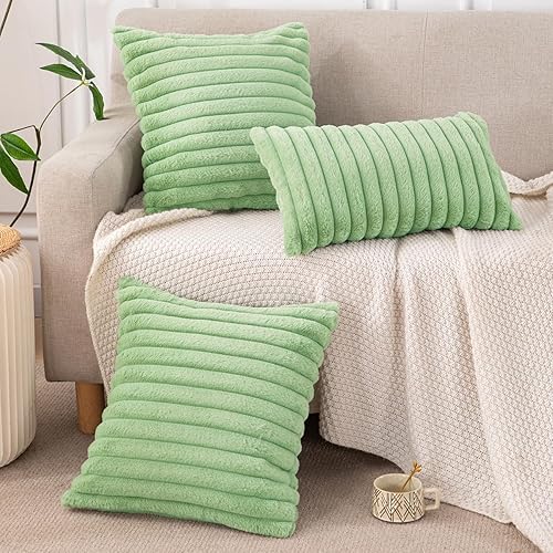 Juego de fundas de almohada suaves de pelo sintético de color verde salvia de 18 x 18 pulgadas y 1P de 12 x 20 pulgadas, fundas de cojín suaves a