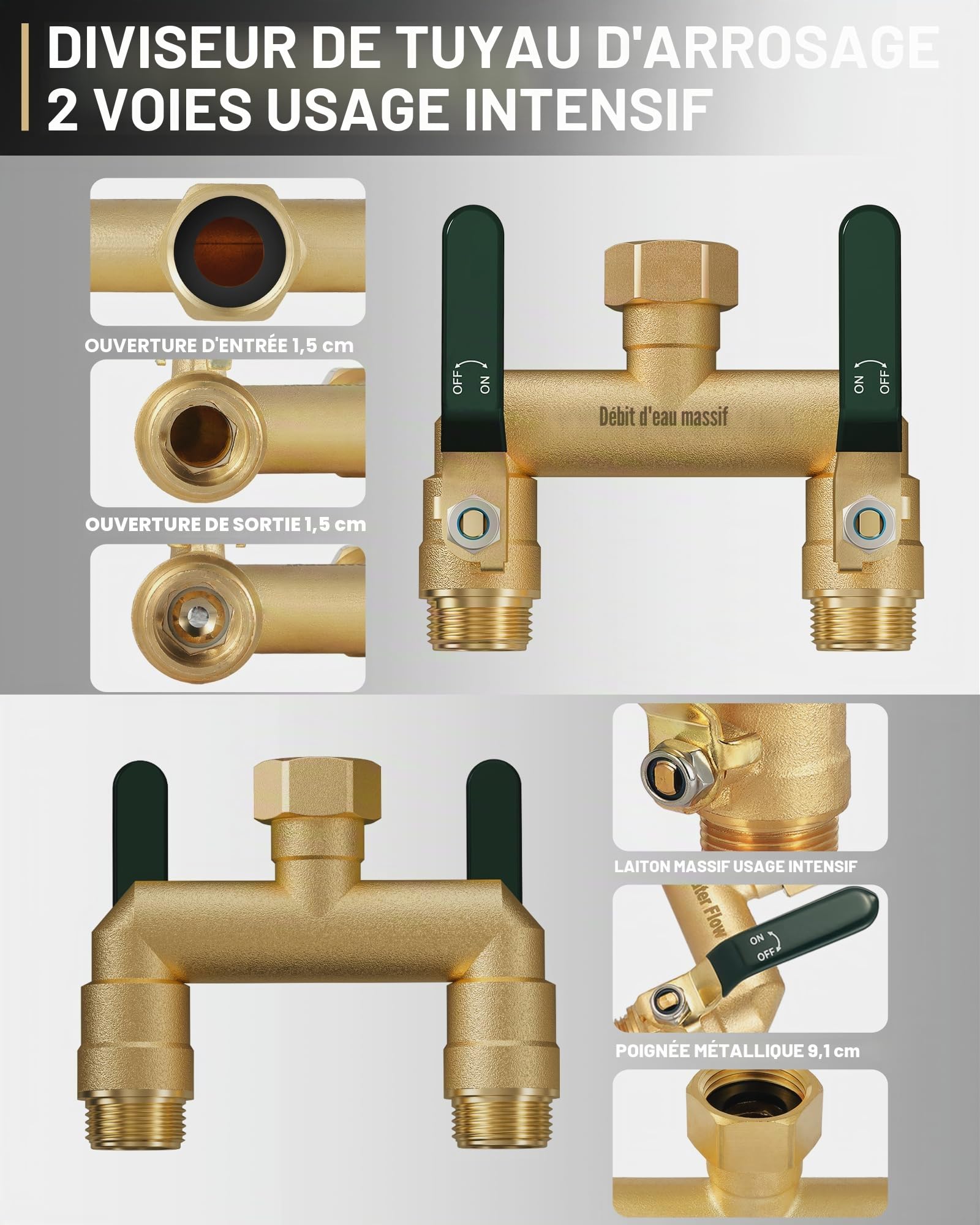 Distributeur 2 Voies, Robinet Double Machine a Laver, Adaptateur Robine, 2 Voies Diviseur de Tuyau Arrosage, Filetage de 3/4Pouce, Débit d'eau Réglable et Verrouillable-Poignée Verte