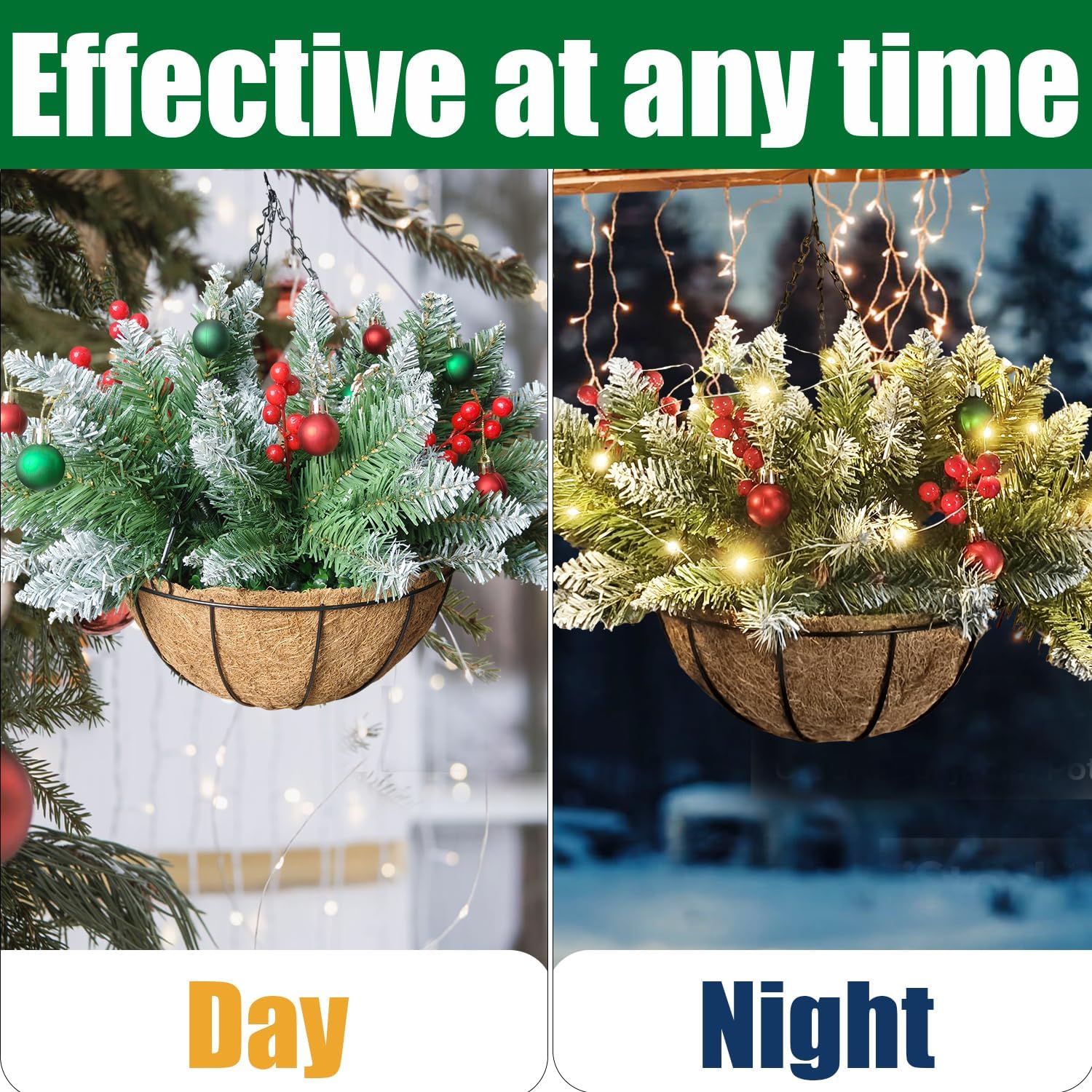 Orgrimmar Christmas Hanging Flower Basket with Built-in LED String Lights-12 Inch Pre-Lit Artificial Pine Decor,Battery-Operated Warm White Lights,Indoor/Outdoor Holiday Decoration for Door,Porch,Tree
