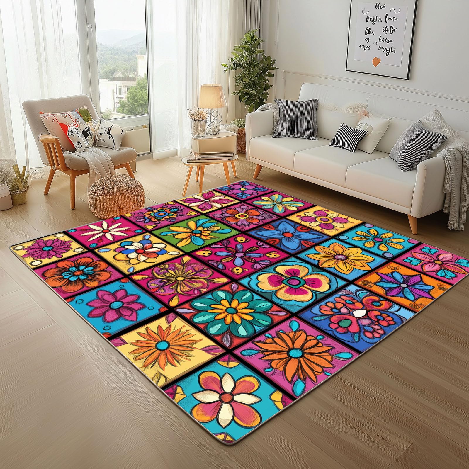 Tapis de salon 160x230 poil ras doux végétal aquarelle rectangulaire antidérapant
