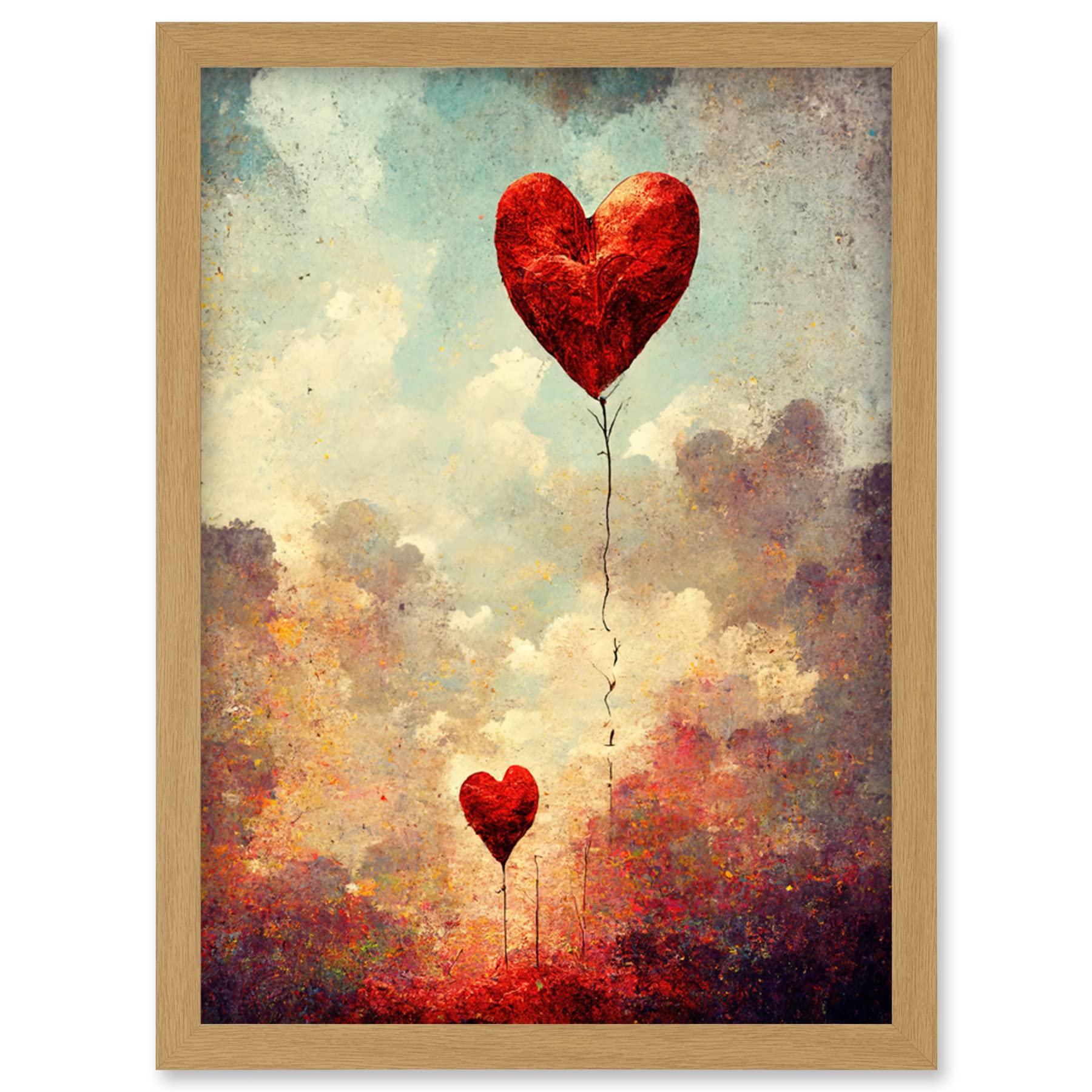 Doppelganger33 LTD Modern Abstract Floating Red Love Heart Balloons Artwork Framed Wall Art Print A4