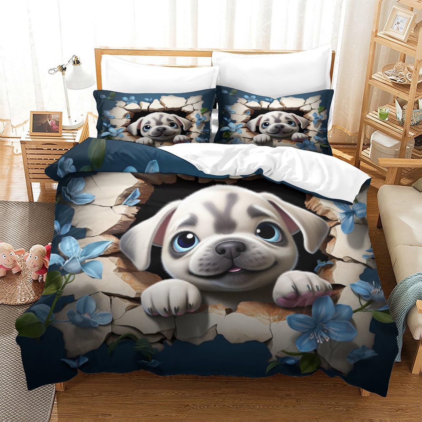 P1S9U7W5Y Playful Puppy 3D Printed Dog 3pcs Microfiber Floral Duvet Cover Set Bedding King