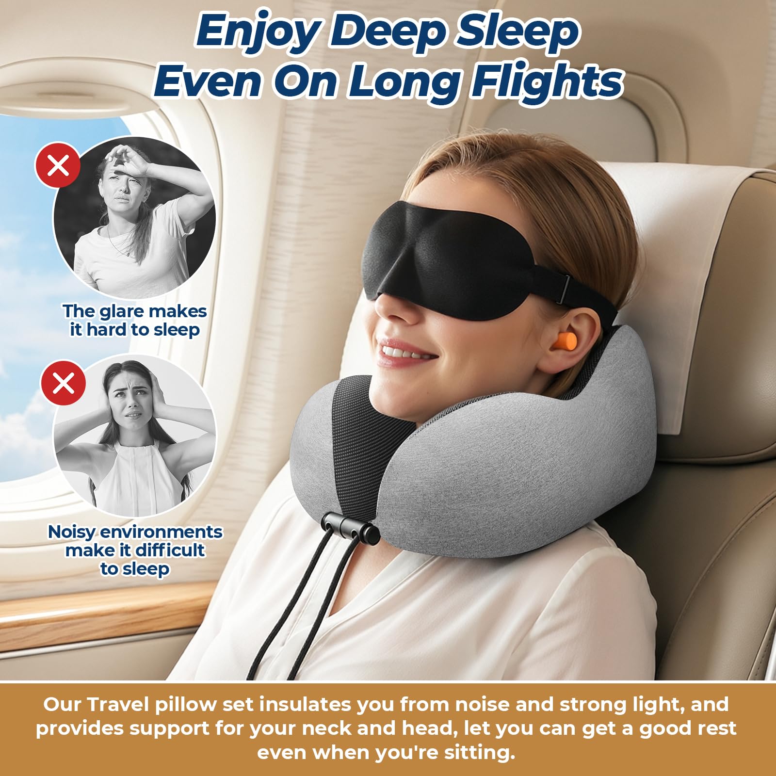 ExploreBliss Almohada de viaje, almohadas de viaje para dormir en avión, almohada de cuello extraíble con cierre ajustable, juego de almohadas de espuma viscoelástica con máscara de ojos, tapones para