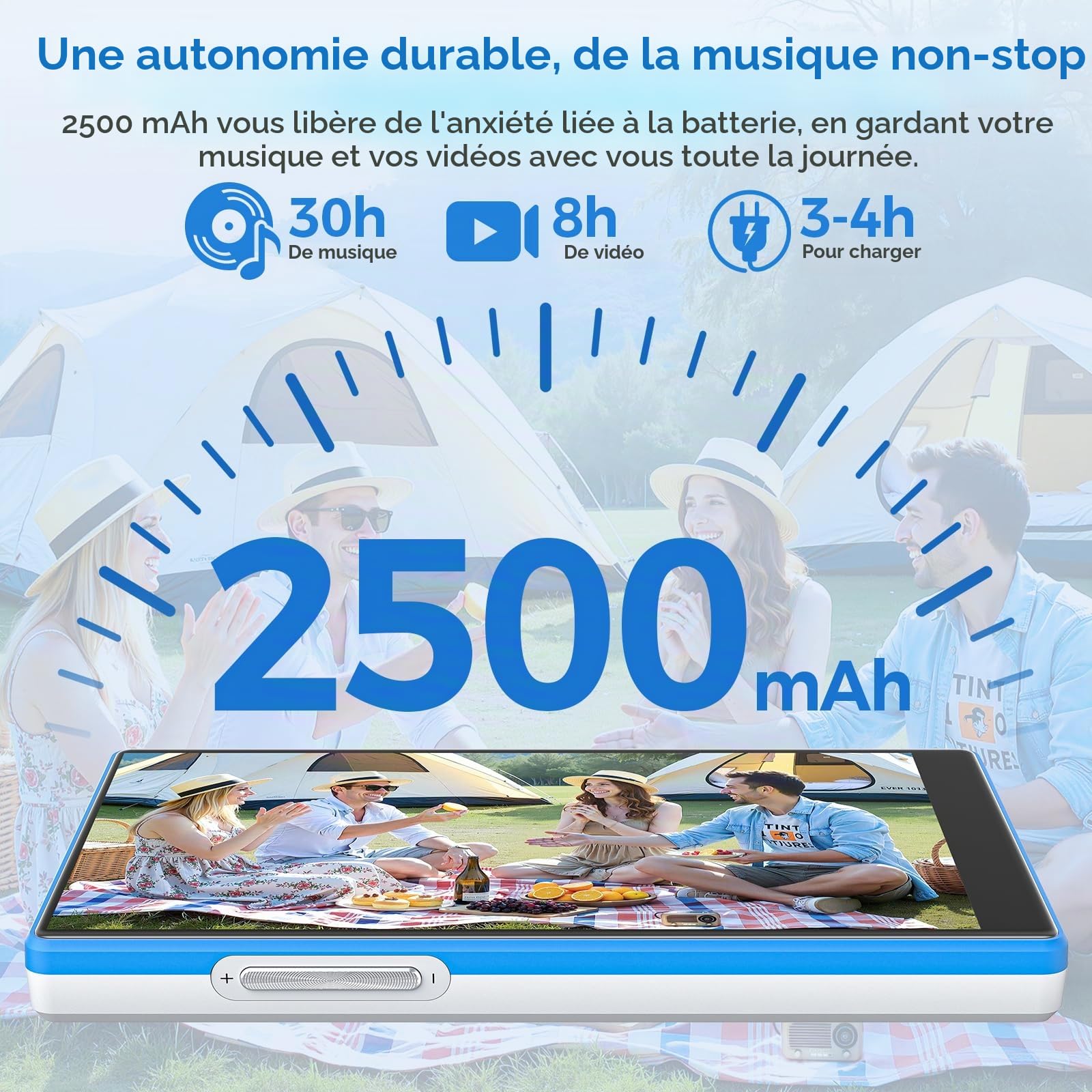 96Go Lecteur MP3 avec Bluetooth et WiFi, Lecteur MP4 avec Écran Tactile de 5 Pouces et Haut-parleurs, Baladeur MP3 avec Spotify, Deezer, Amazon Music, Bleu & Blanc