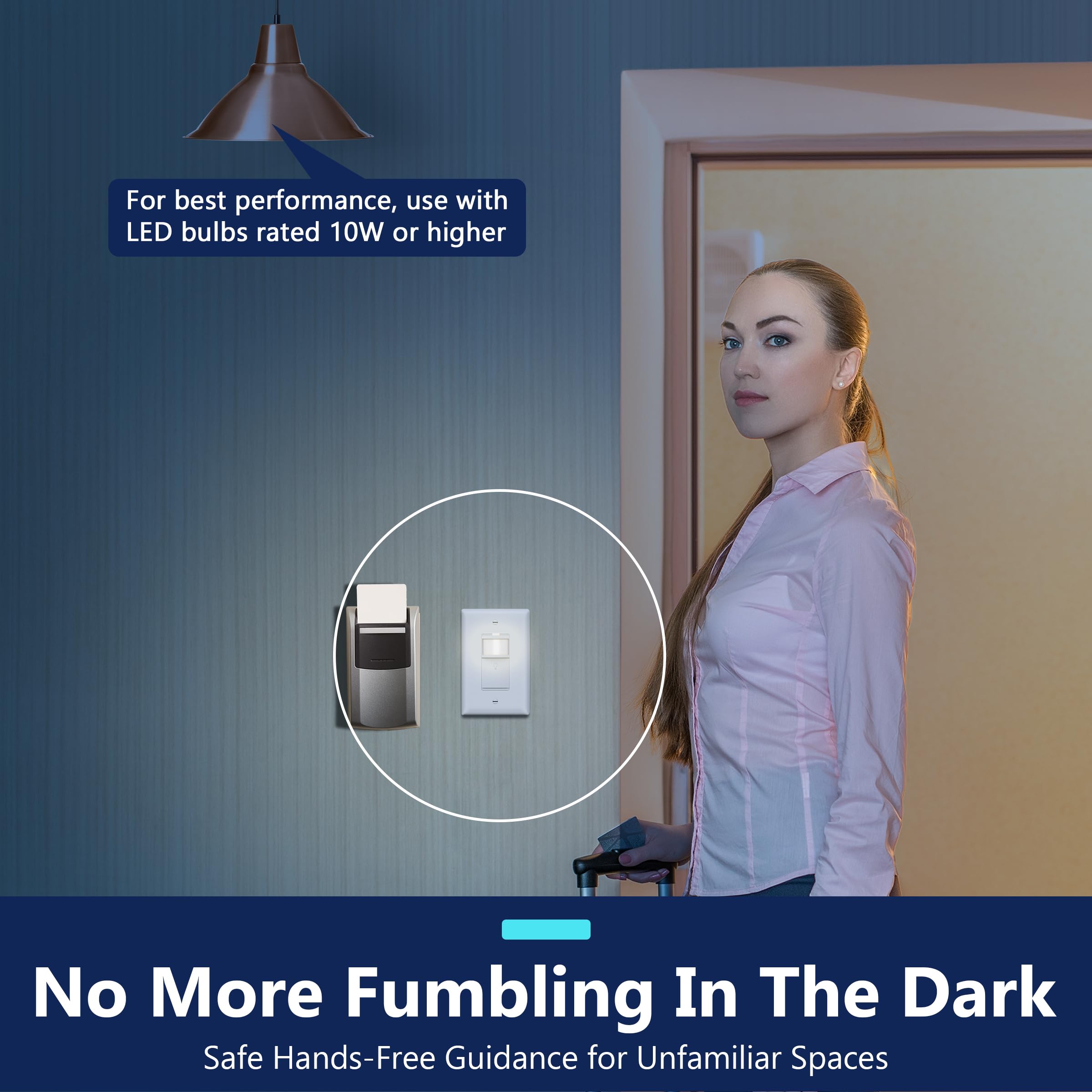 LIDER PIR - Interruptor de sensor de movimiento de vacante con luz guía LED, cobertura de 1200 pies cuadrados, sin neutro, sin tierra, retardo de tiempo ajustable, certificación UL, placa de pared