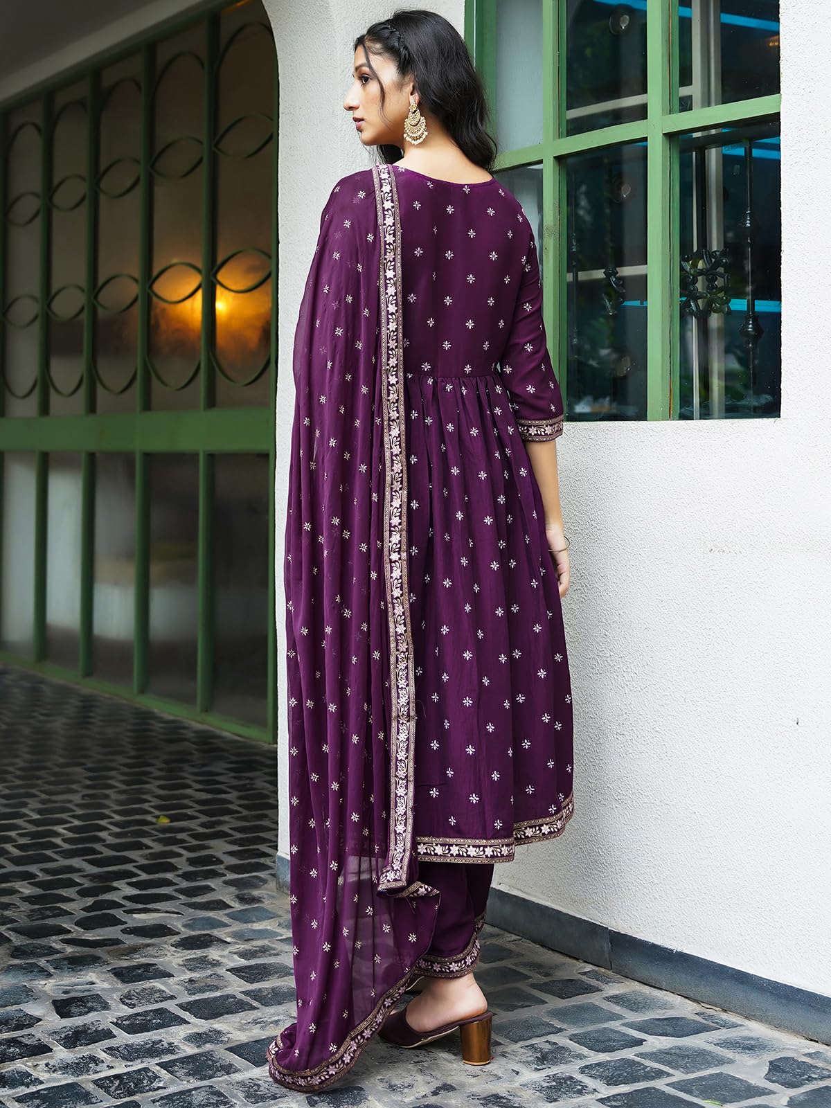Sanisa Women's Chinnon Foil Floral Printed Straight Kurta With Pant And Dupatta Set (208Kbd2204N-L_Deep Purple & Lavender. Golden)