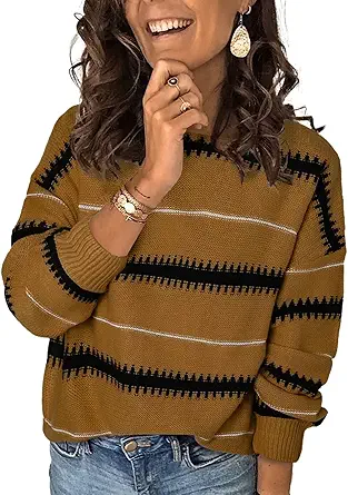 Dokotoo Womens Color Block Sweaters Long Sleeve Crewneck Pullover Knit Jumper Tops