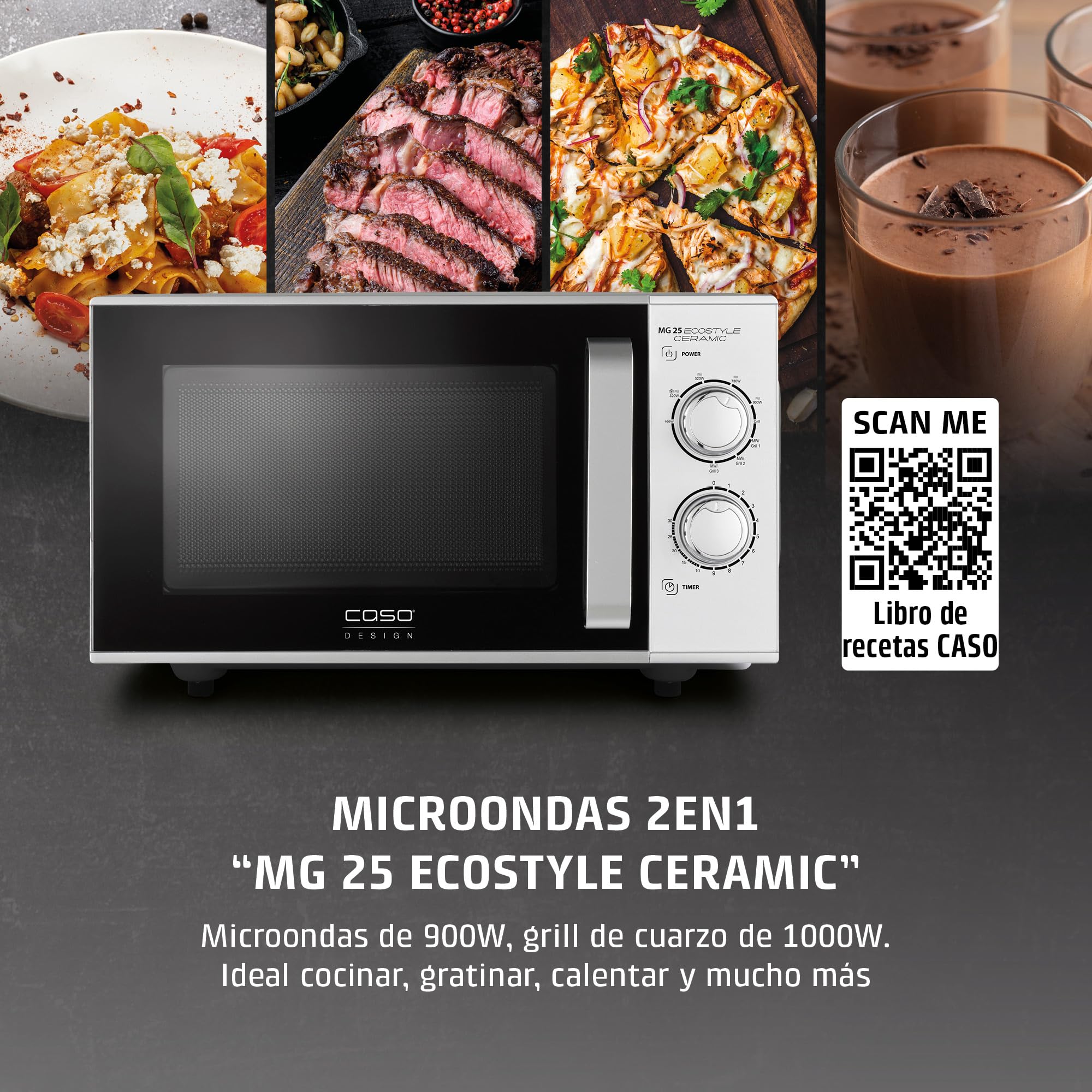 CASO MG 25 Ecosytle Ceramic - Microondas 2 en 1 sin plato giratorio con grill de 1000W - Capacidad de 25L - Temporizador hasta 30 mins - grande - plateado
