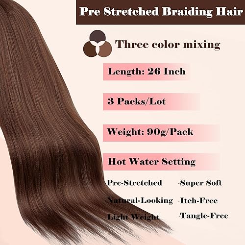 Miniatura 5 de Esteems - Cabello trenzado preestirado, miel natural, largo, mezcla de 3 tonos (P42730) 26 pulgadas, extensiones de cabello trenzado profesional de