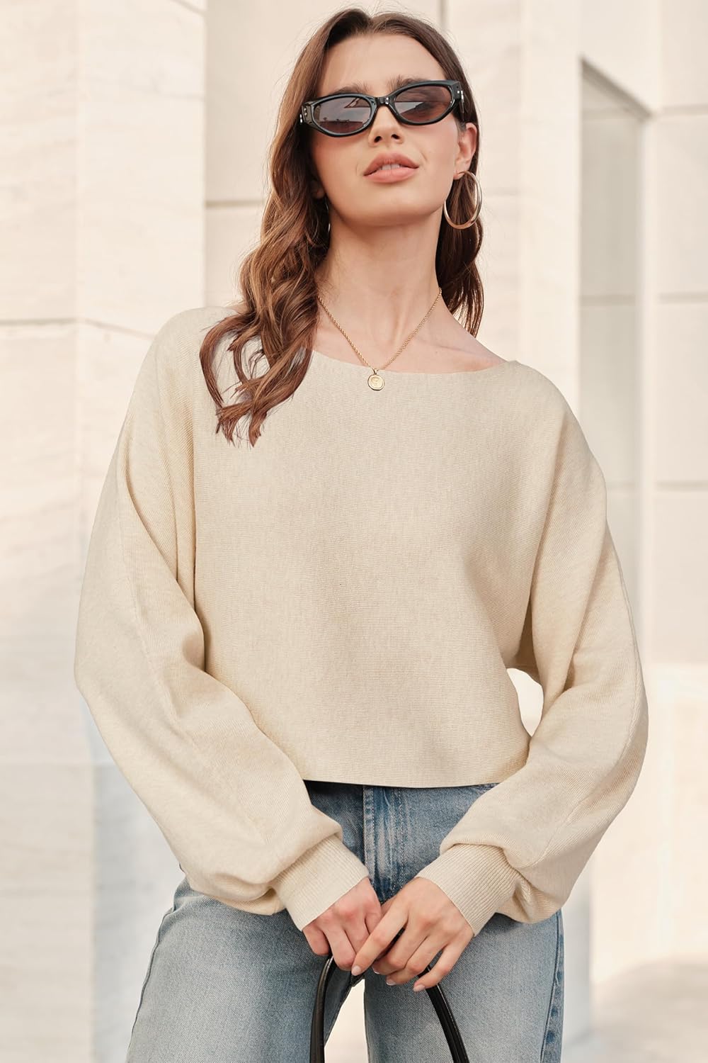 Newshows Women's 2025 Fall Wool Blend Cropped Sweaters Boat Neck Off Shoulder Cute Casual Tops - Image 2