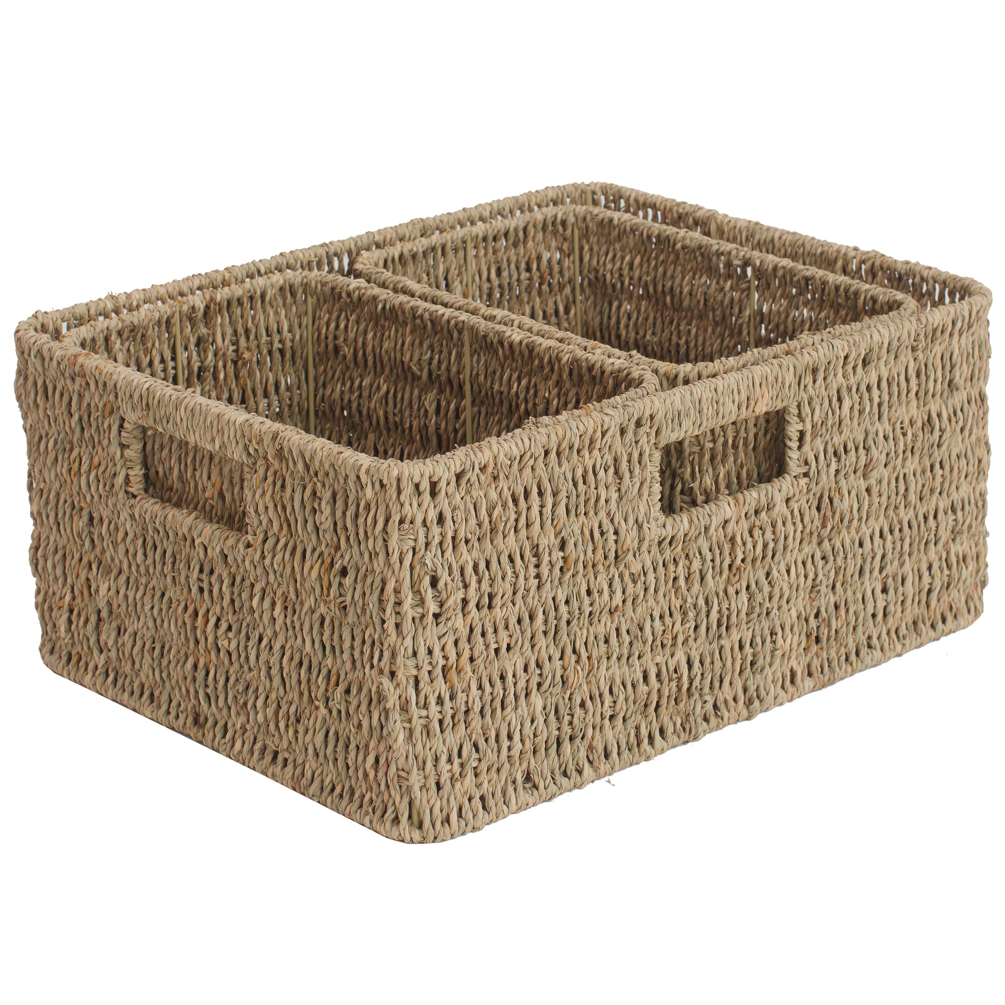 Handwoven Seagrass Storage Baskets Set of 3, Decorative Woven Organizer Bins with Handles, Natural Farmhouse Shelf Storage for Bathroom, Closet, Nursery, Pantry, Living Room