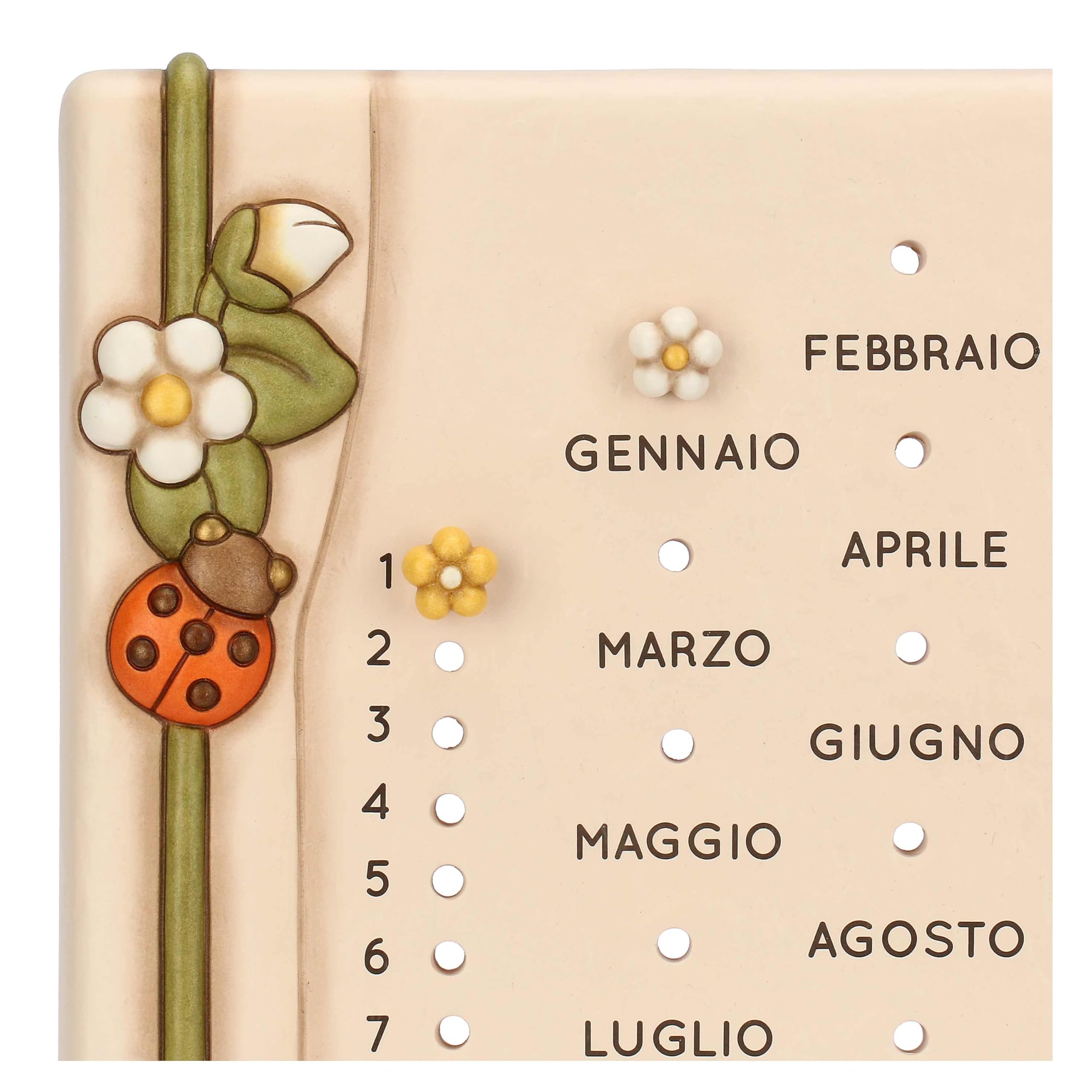 THUN Calendario da muro, Ceramica; tappini in silicone, gancio in plastica, nastro biadesivo, Collezione Country Bloom, 22 x 2,3 x 29 cm