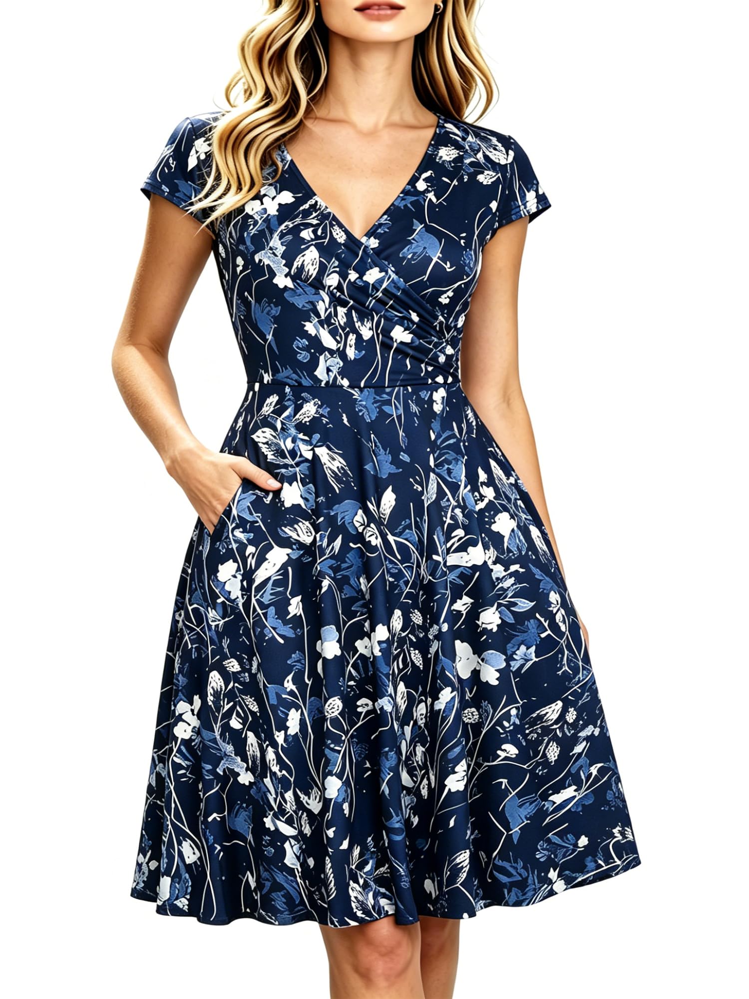 oxiuly Women's Vintage Dot V-Neck Cap Sleeve Casual Pockets Swing Tea Dress OX296