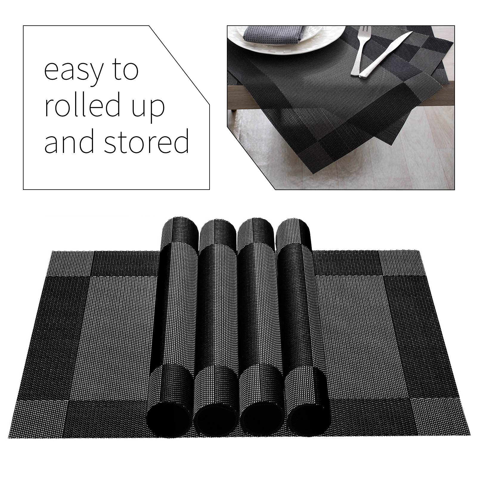 AHHFSMEI Juego de 4 manteles individuales para mesa de comedor, de plástico de vinilo tejido, antideslizantes, aislamiento térmico, resistentes a las manchas, lavables, fáciles de limpiar (esquina