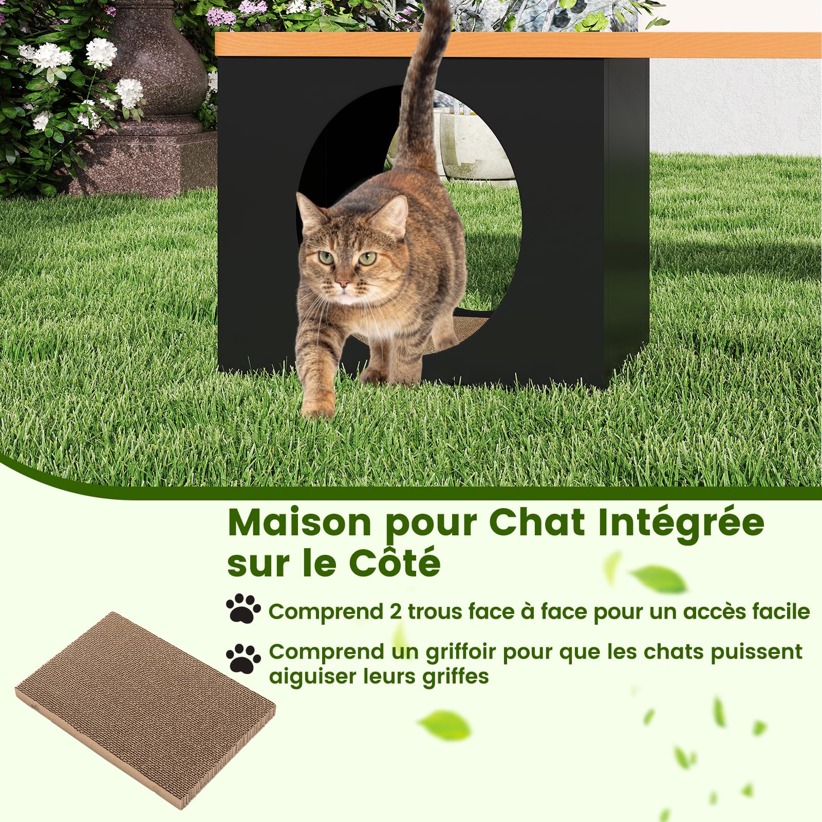 GOPLUS Banc de Jardin Exterieur 3 Personnes avec Grotte Chat Griffoir, 2 Portes, Banc Interieur avec Niche Chat Résistant aux Intempéries sans Dossier, pour Balcon, Entrée, Parc, Charge 450 kg
