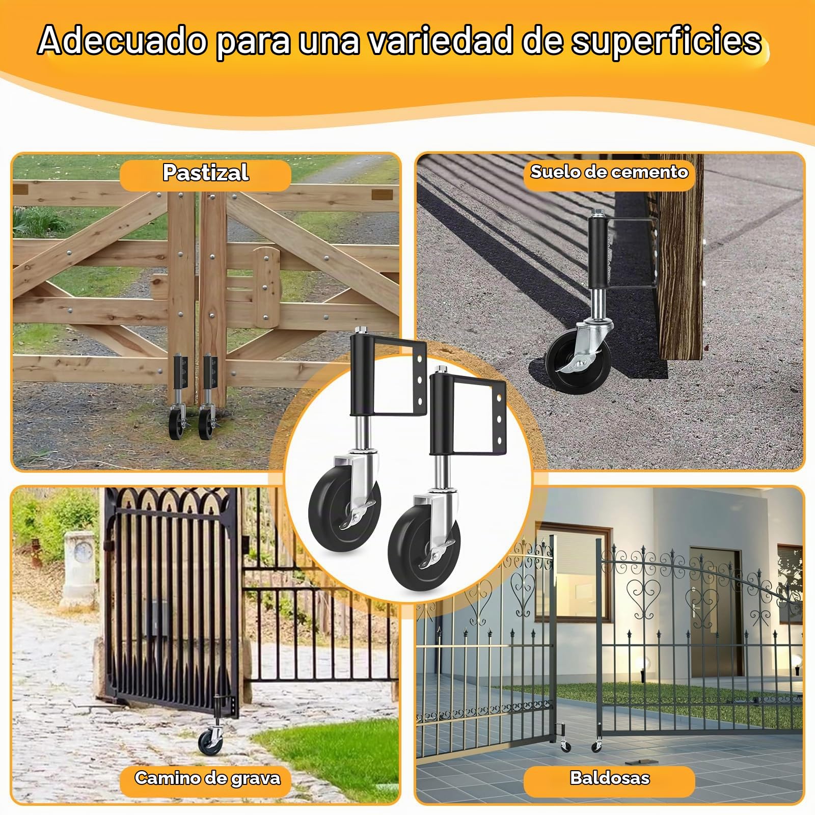 2 Piezas Rueda Puerta 10.2 cm con Freno & Resorte, Ruedas Giratoria Goma Pesadas 360° Capacidad de Carga 100 kg, Rueda Puertas Alta Absorción Impactos Muelle Negro para Portón Madera y Valla Jardín