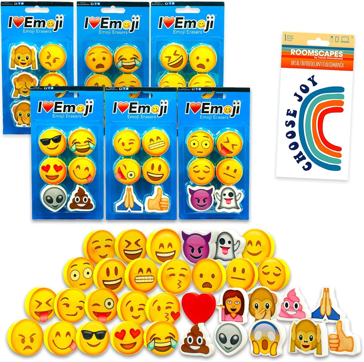 Bulk Emoji Erasers Stationery Set - Bundle with 36 Erasers Featuring Silly Faces, Poop Emoji, More Plus Decals | Emojis Kit for Men, Women, Learners