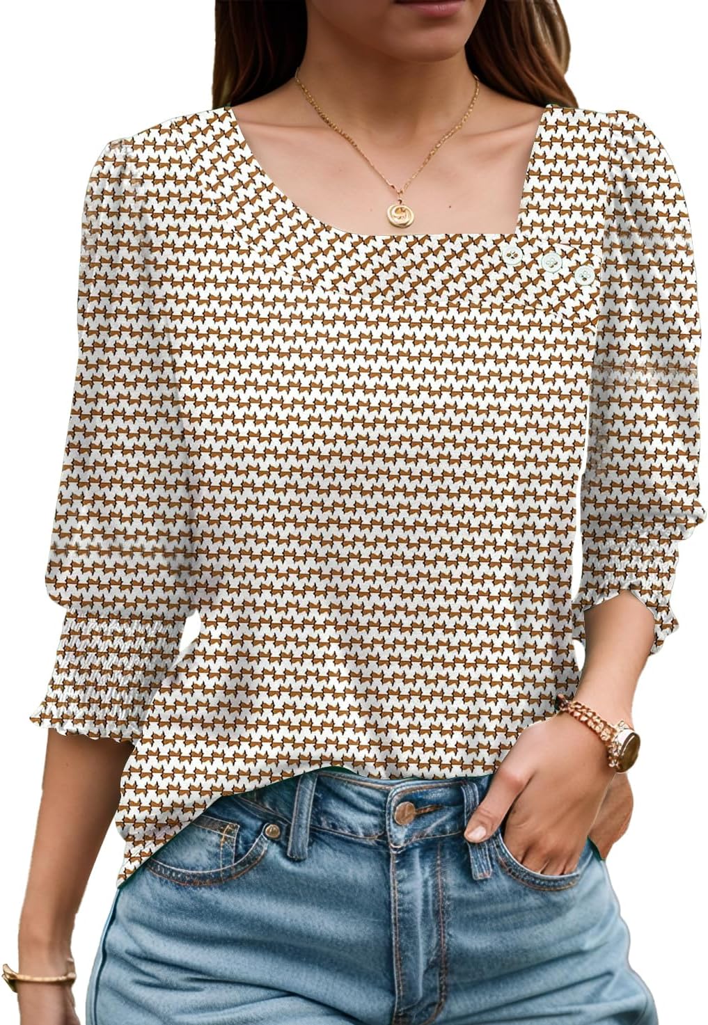 ETCYY NEW Womens Tops Dressy Casual Shirts 3/4 Length Sleeve Blouses for Women with Smocked Cuffs