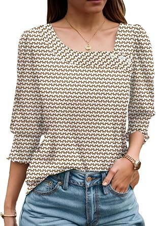 ETCYY NEW Womens Tops Dressy Casual Shirts 3/4 Length Sleeve Blouses for Women with Smocked Cuffs